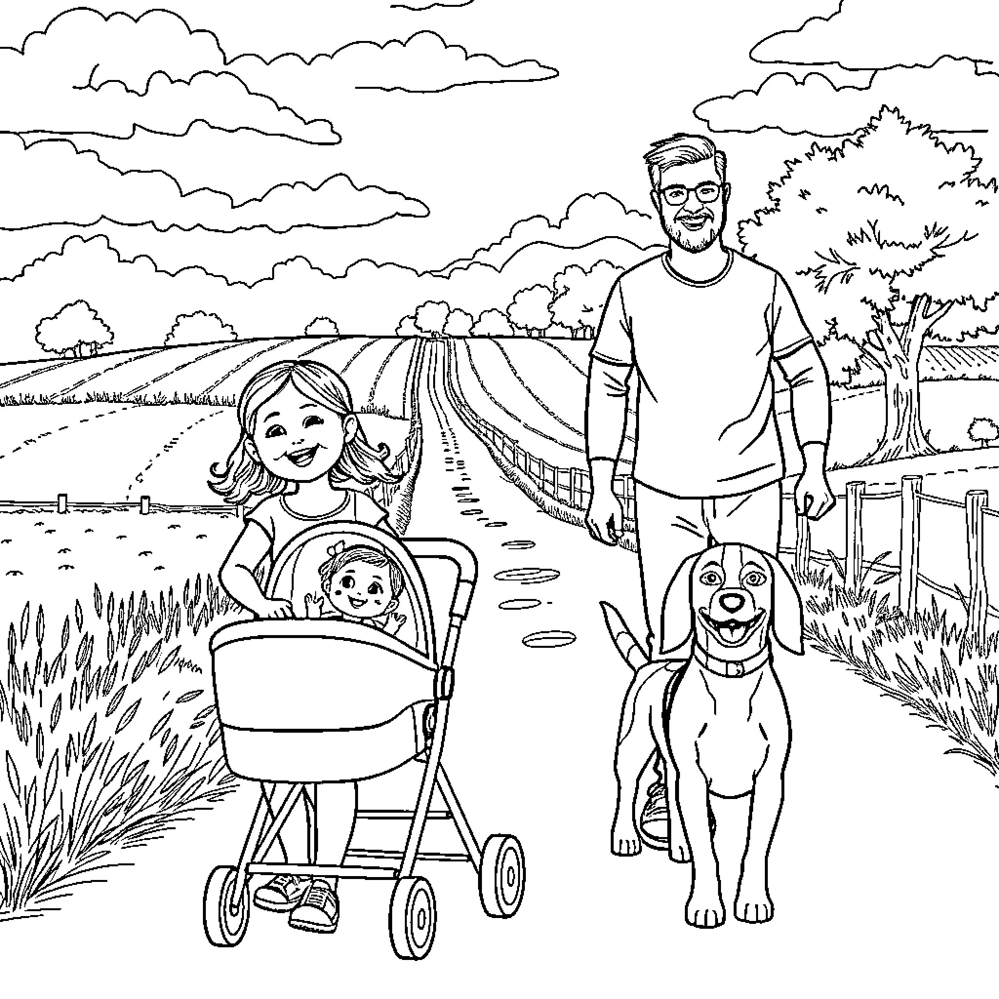 Girl Enjoying Family Outdoor Adventure with Dog Coloring Page (free black-and-white line drawing printable PDF for all, from beginners to advanced learners, including children, teens, adults, and seniors)