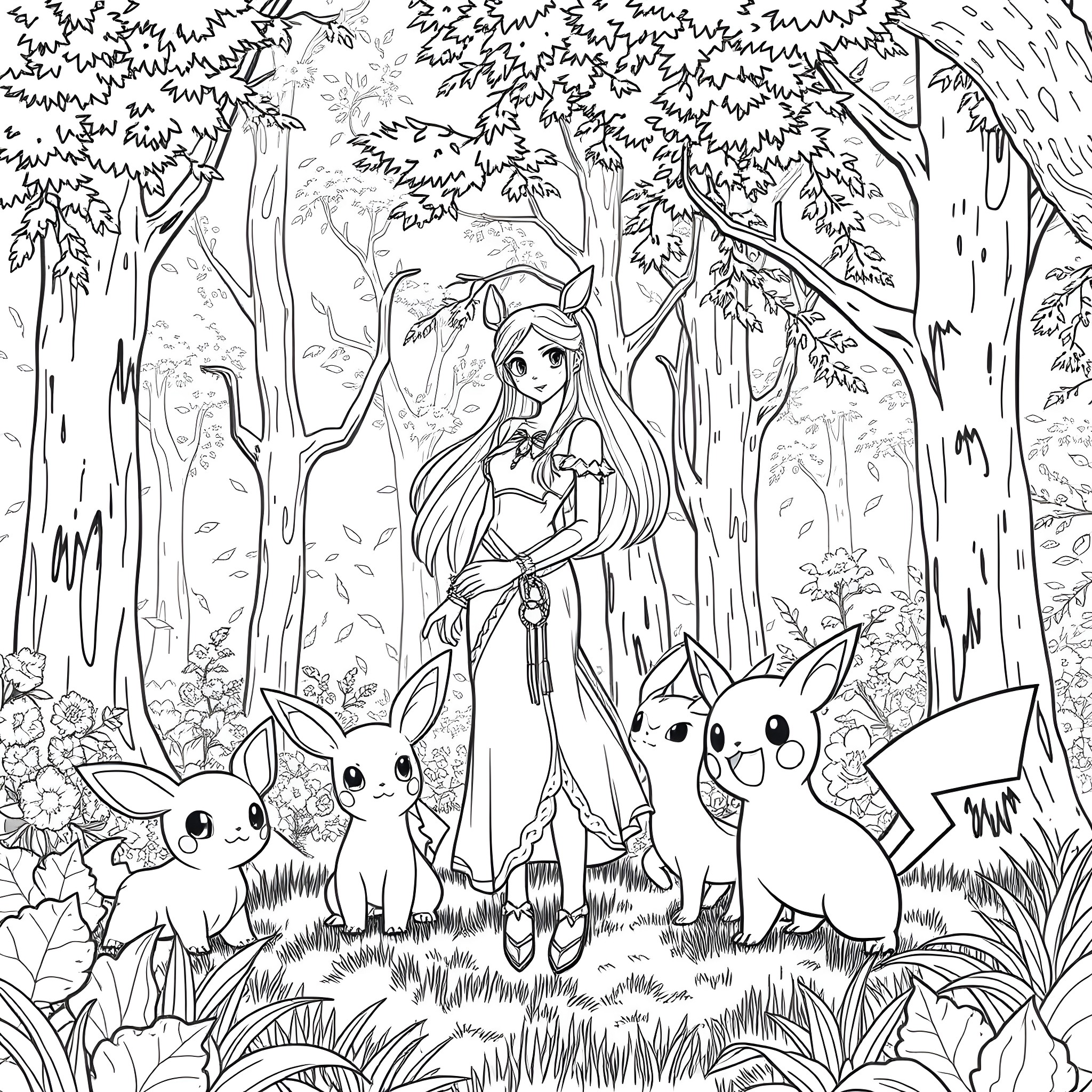 Arwen and her forest animal friends in the woods Coloring Page (free black-and-white line drawing printable PDF for all, from beginners to advanced learners, including children, teens, adults, and seniors)