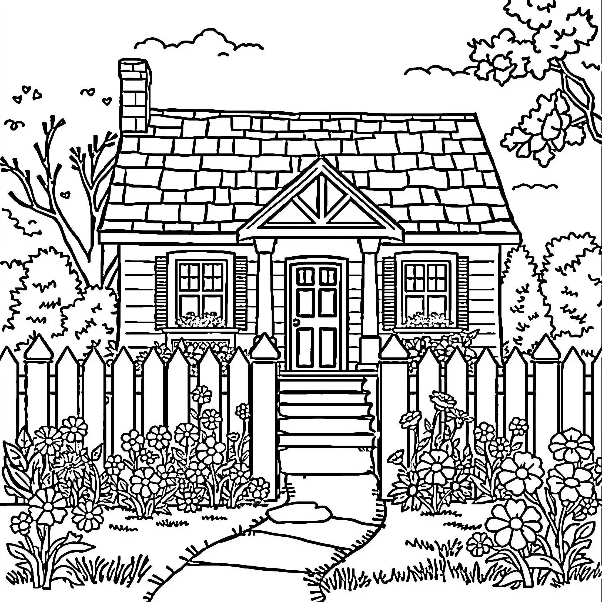 House with charming cottage-style details Coloring Page (free black-and-white line drawing printable PDF for all, from beginners to advanced learners, including children, teens, adults, and seniors)