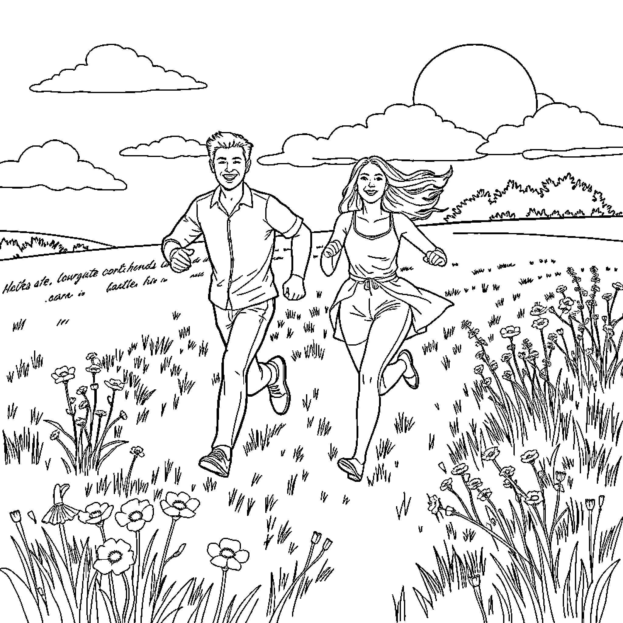 Man and Woman Walking Happily in Nature Coloring Page (free black-and-white line drawing printable PDF for all, from beginners to advanced learners, including children, teens, adults, and seniors)