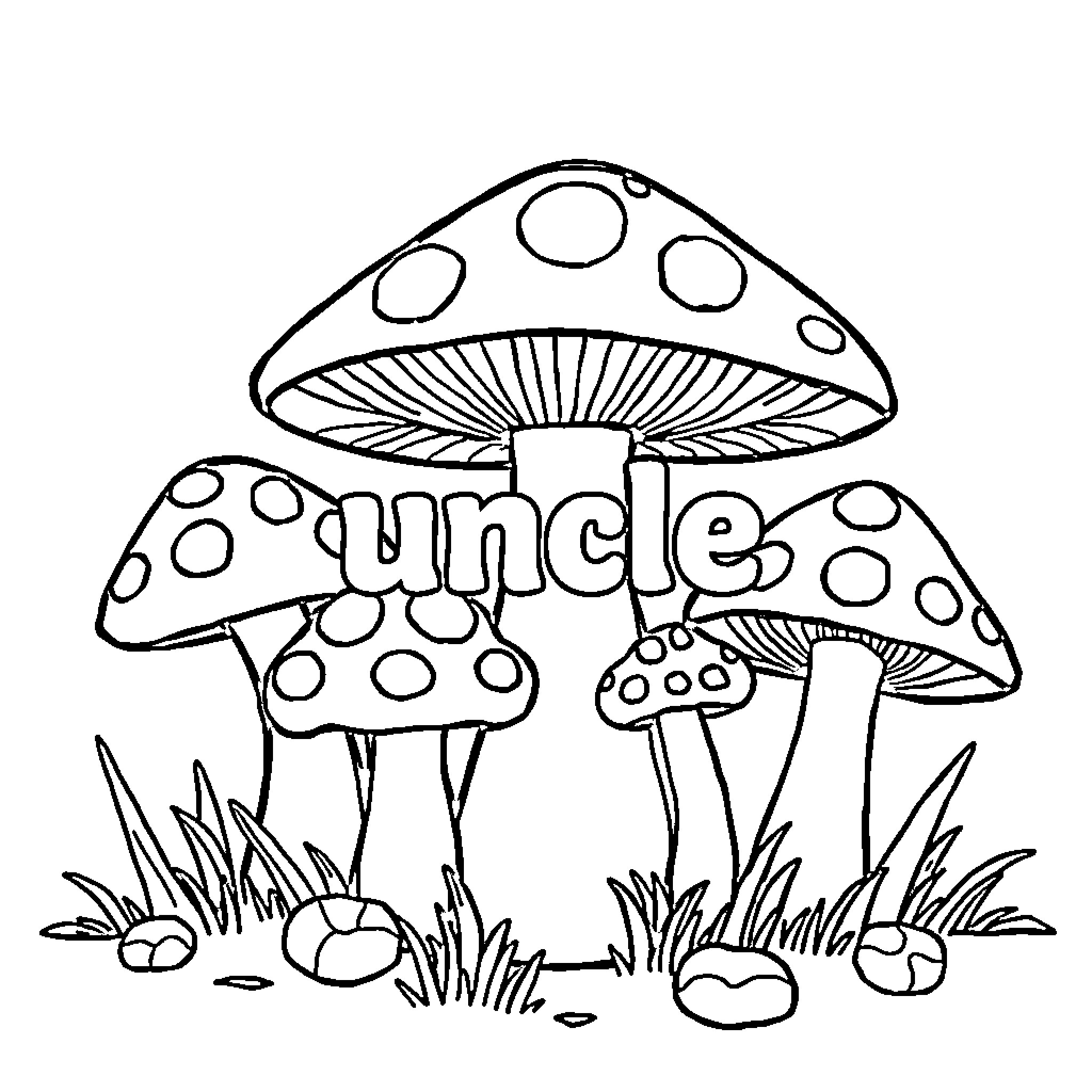 Mushroom family in a natural setting Coloring Page (free black-and-white line drawing printable PDF for all, from beginners to advanced learners, including children, teens, adults, and seniors)