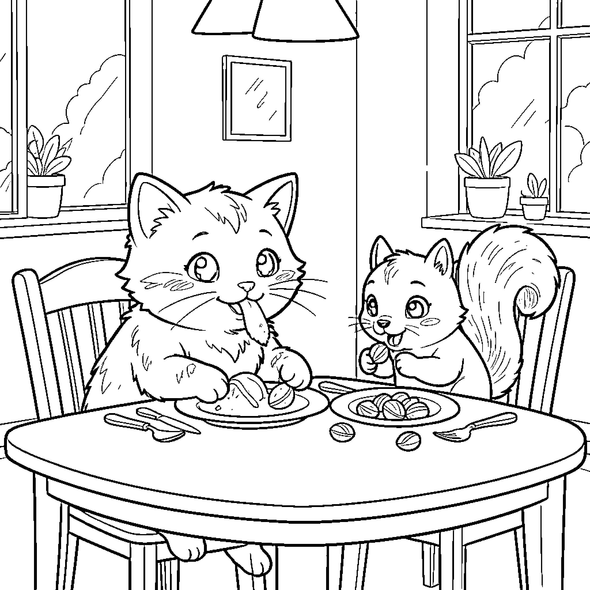Cat friends enjoying a meal together Coloring Page (free black-and-white line drawing printable PDF for all, from beginners to advanced learners, including children, teens, adults, and seniors)