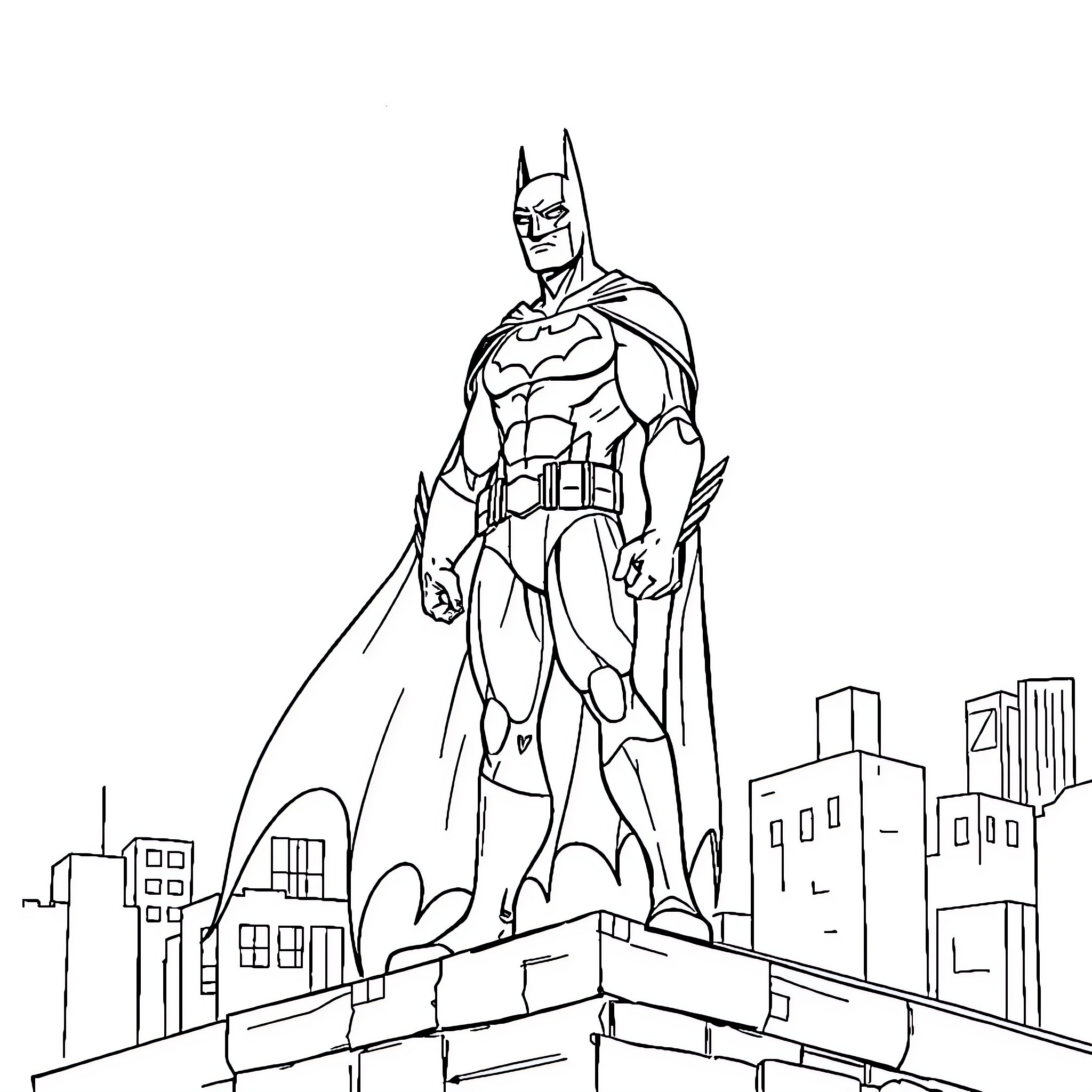 Batman standing tall amidst the city skyline Coloring Page (free black-and-white line drawing printable PDF for all, from beginners to advanced learners, including children, teens, adults, and seniors)