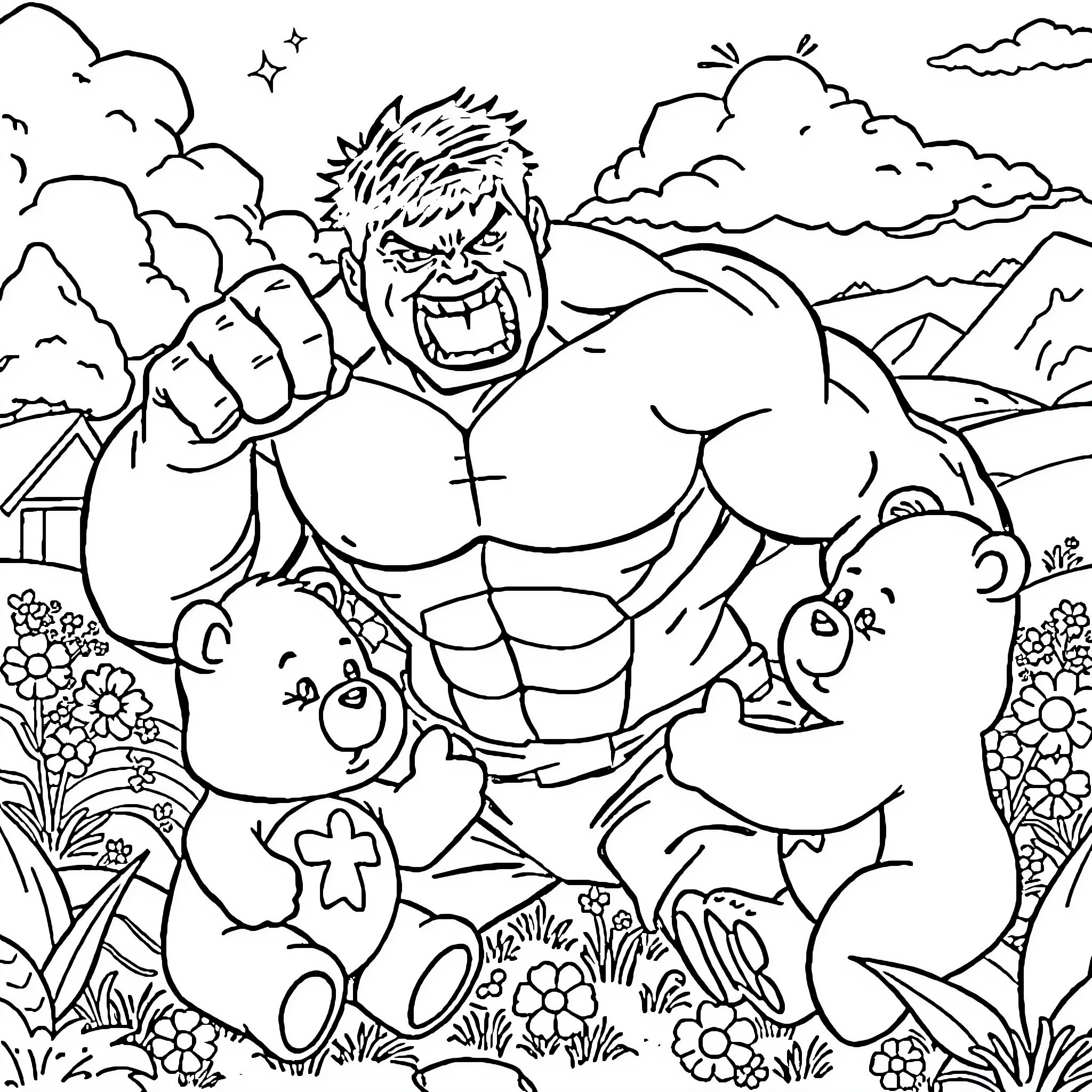 Hulk stomping through nature with angry expression Coloring Page (free black-and-white line drawing printable PDF for all, from beginners to advanced learners, including children, teens, adults, and seniors)