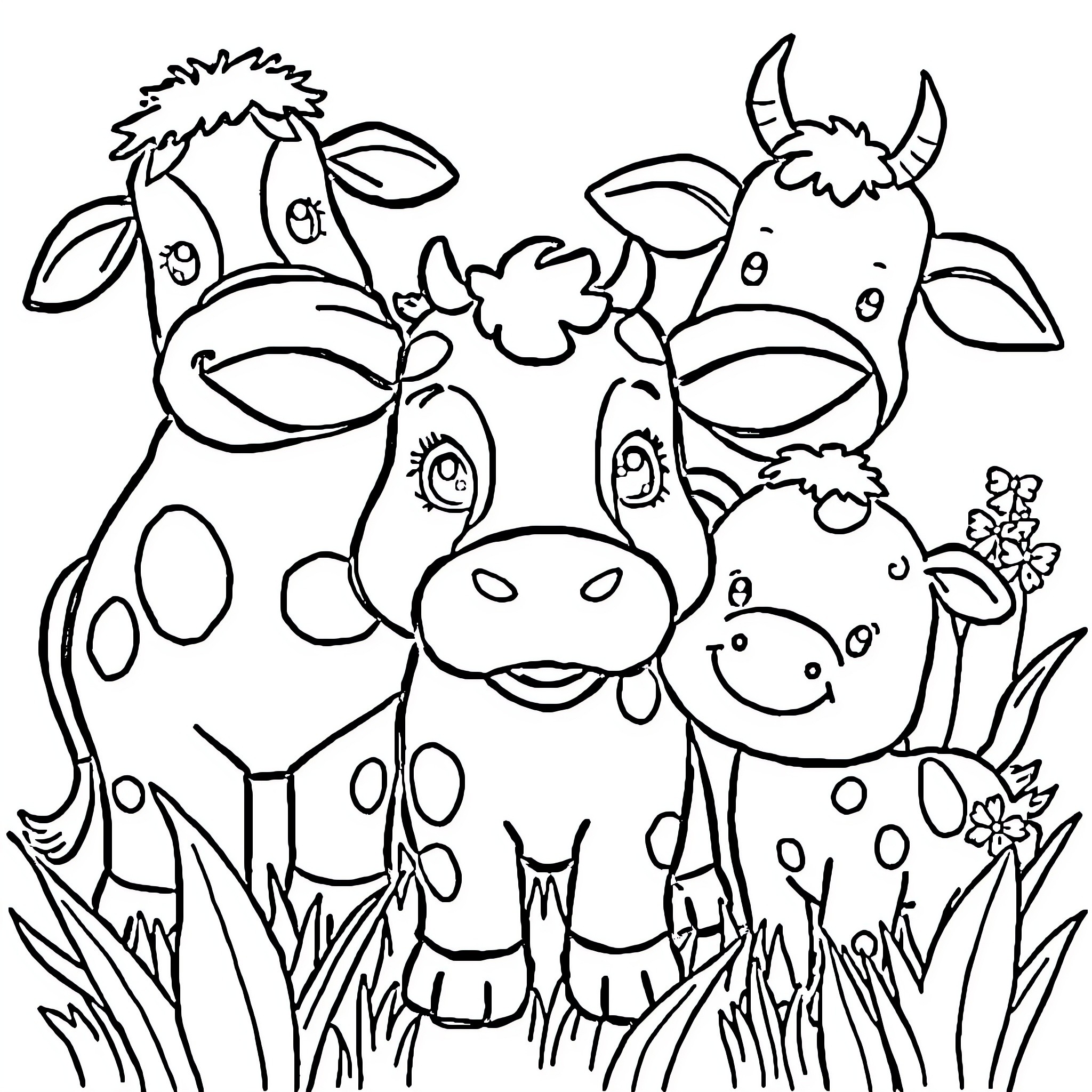 Farm Animals playing happily in the meadow Coloring Page (free black-and-white line drawing printable PDF for all, from beginners to advanced learners, including children, teens, adults, and seniors)
