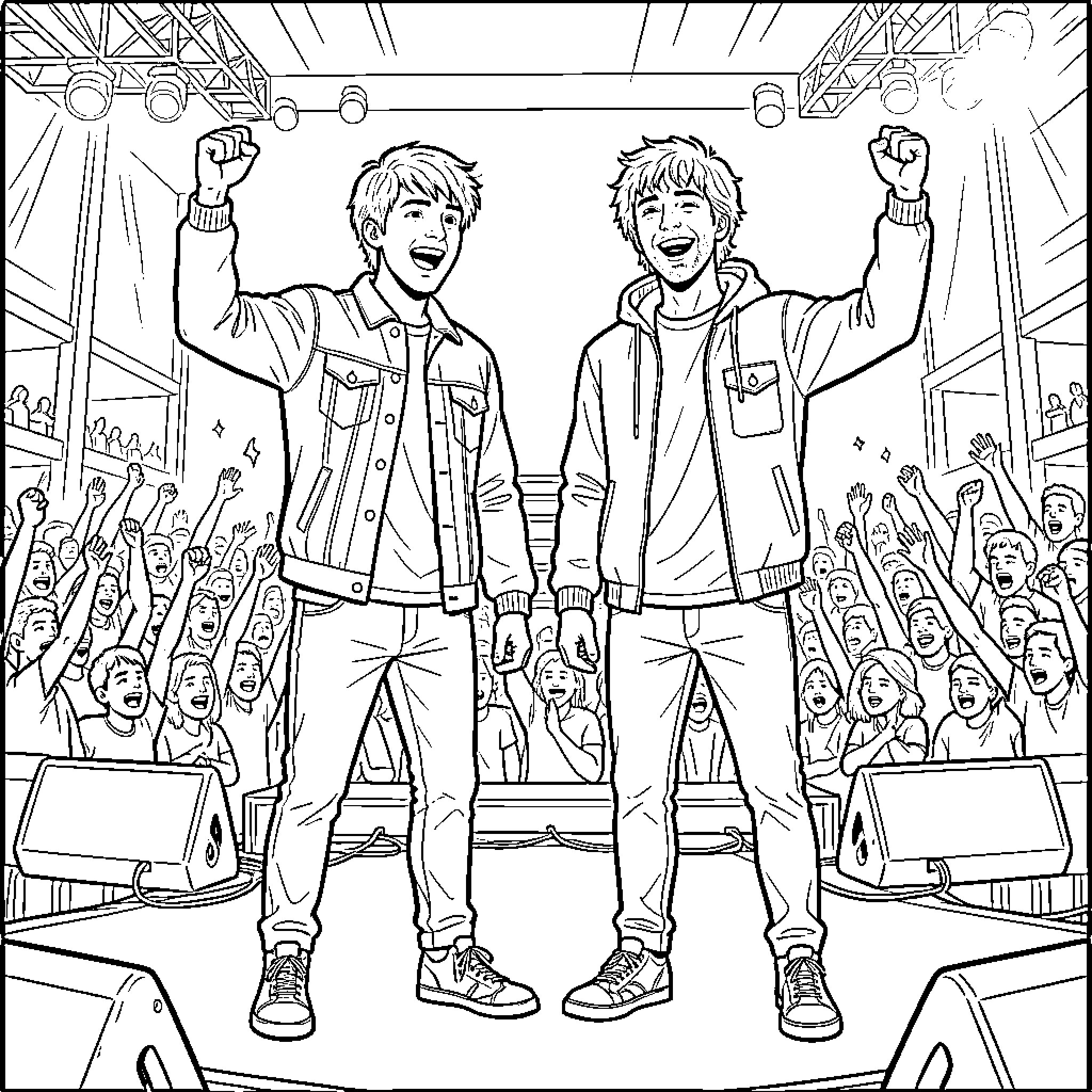 Tyler Joseph Performs on Stage with a Bandmate Coloring Page (free black-and-white line drawing printable PDF for all, from beginners to advanced learners, including children, teens, adults, and seniors)