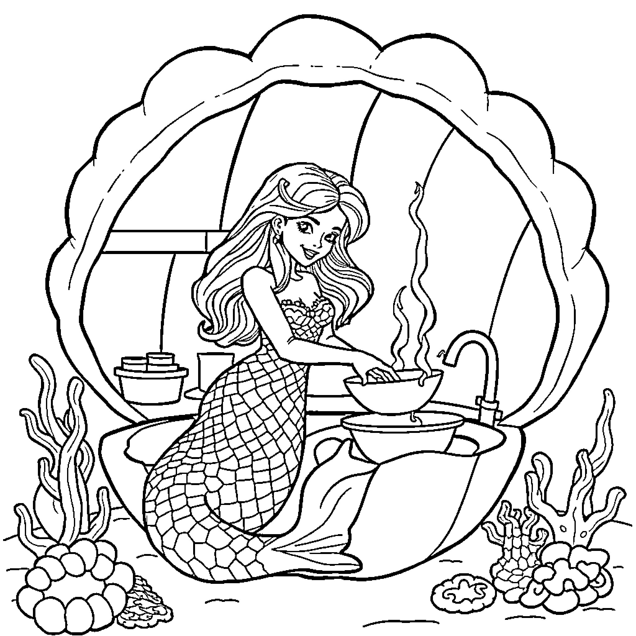 Mermaid cooking in a kitchen underwater Coloring Page (free black-and-white line drawing printable PDF for all, from beginners to advanced learners, including children, teens, adults, and seniors)