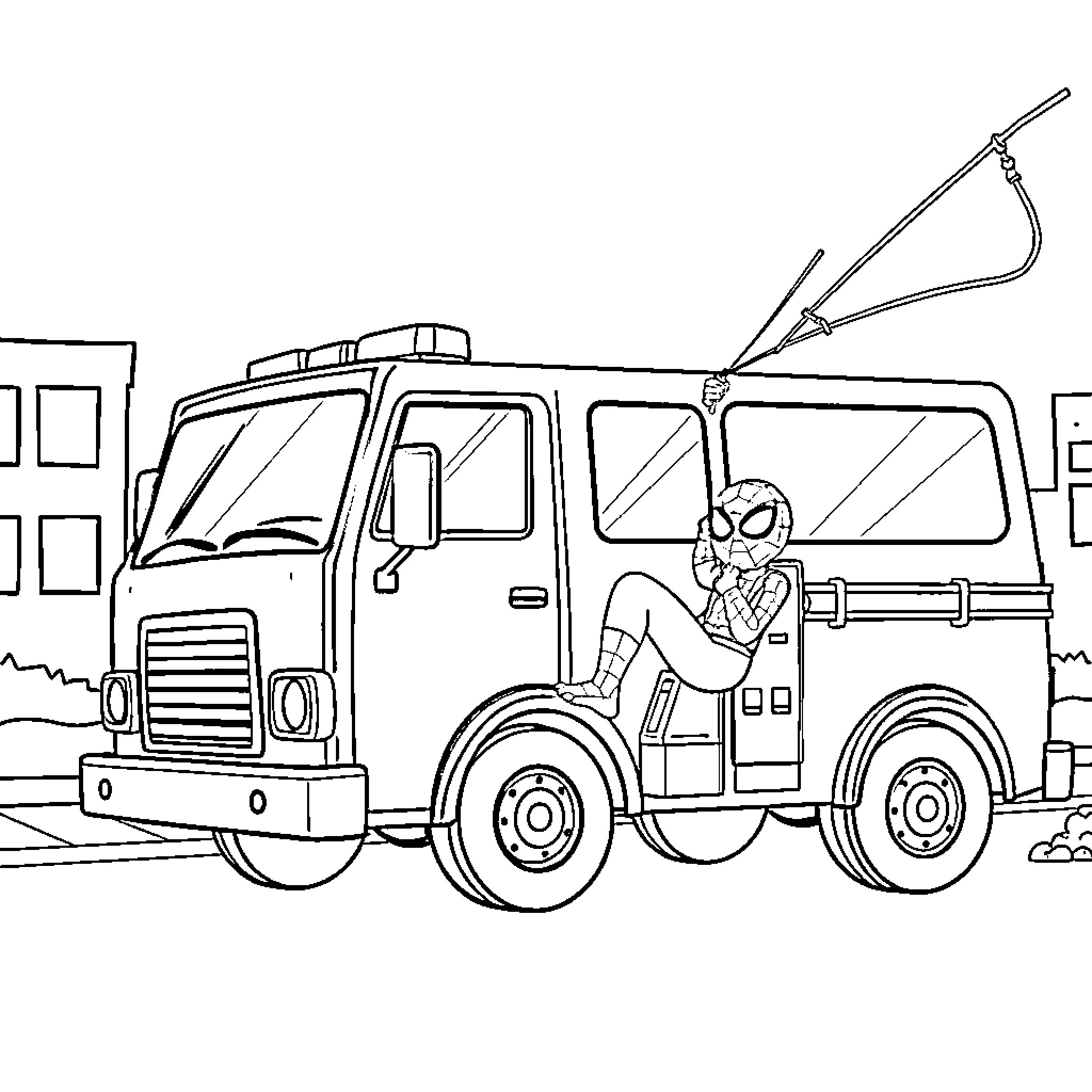 Spiderman riding a fire truck in the city Coloring Page (free black-and-white line drawing printable PDF for all, from beginners to advanced learners, including children, teens, adults, and seniors)