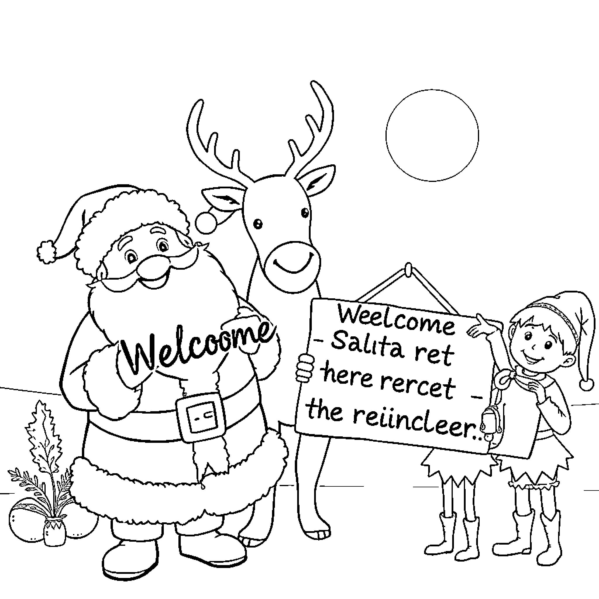 Santa and Reindeer Welcome Children in Winter Coloring Page (free black-and-white line drawing printable PDF for all, from beginners to advanced learners, including children, teens, adults, and seniors)