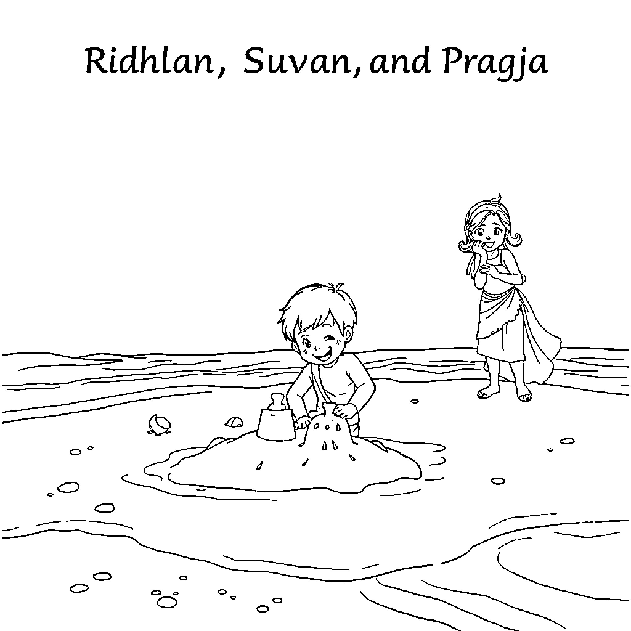 Children playing in the sand and water Coloring Page (free black-and-white line drawing printable PDF for all, from beginners to advanced learners, including children, teens, adults, and seniors)