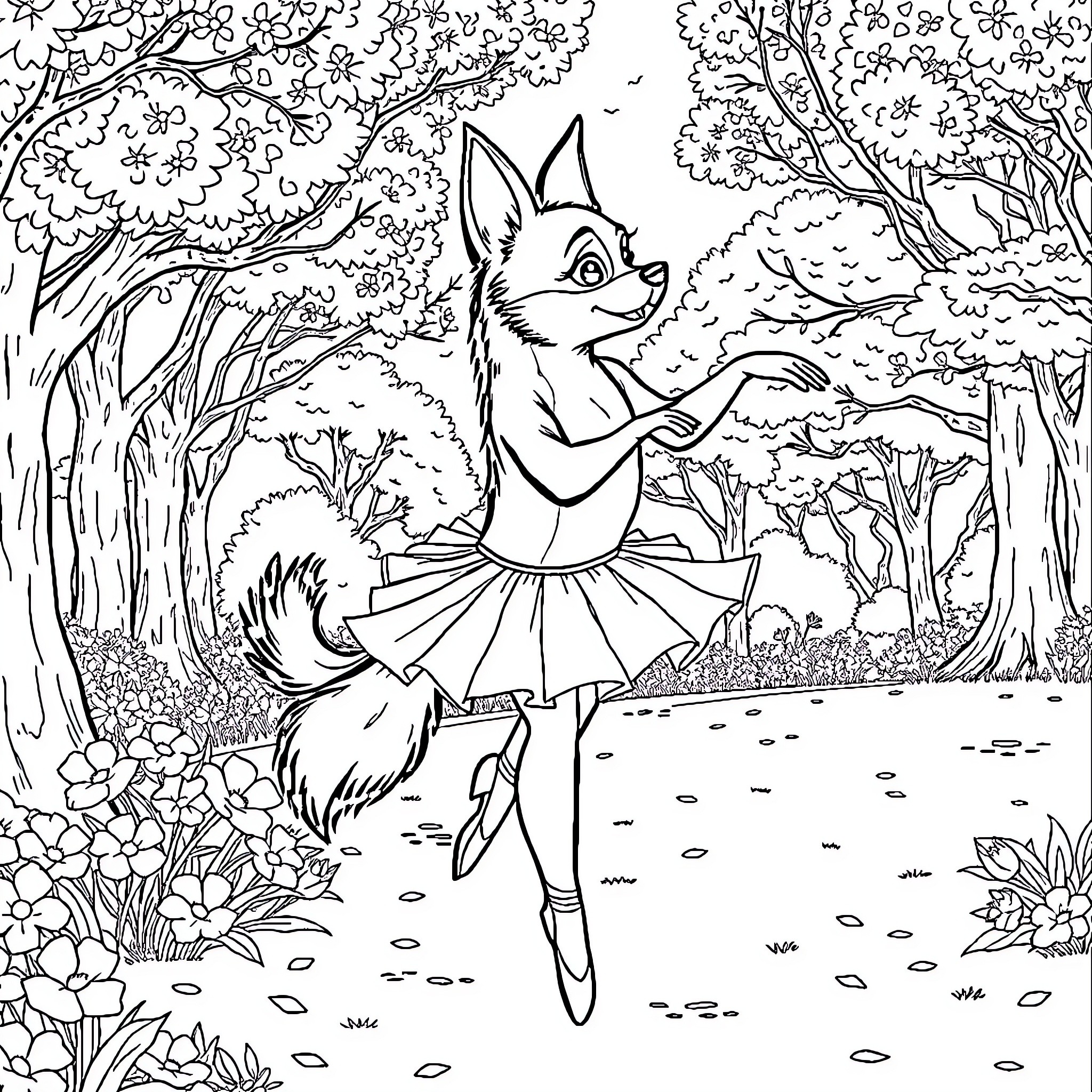 Ballerina Canine Dancer in Enchanted Forest Coloring Page (free black-and-white line drawing printable PDF for all, from beginners to advanced learners, including children, teens, adults, and seniors)