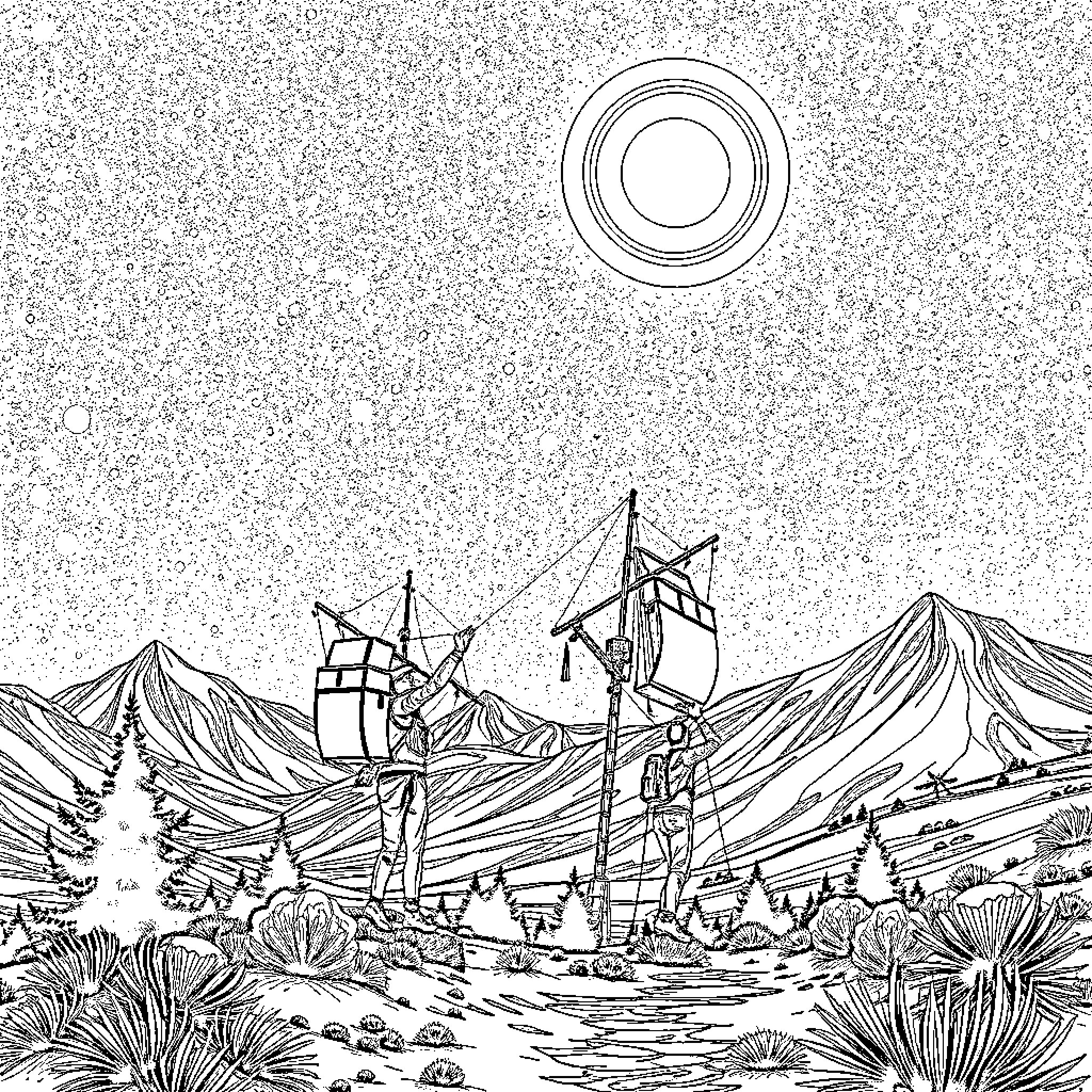 Expedition Member Exploring Rugged Mountainous Landscape Coloring Page (free black-and-white line drawing printable PDF for all, from beginners to advanced learners, including children, teens, adults, and seniors)
