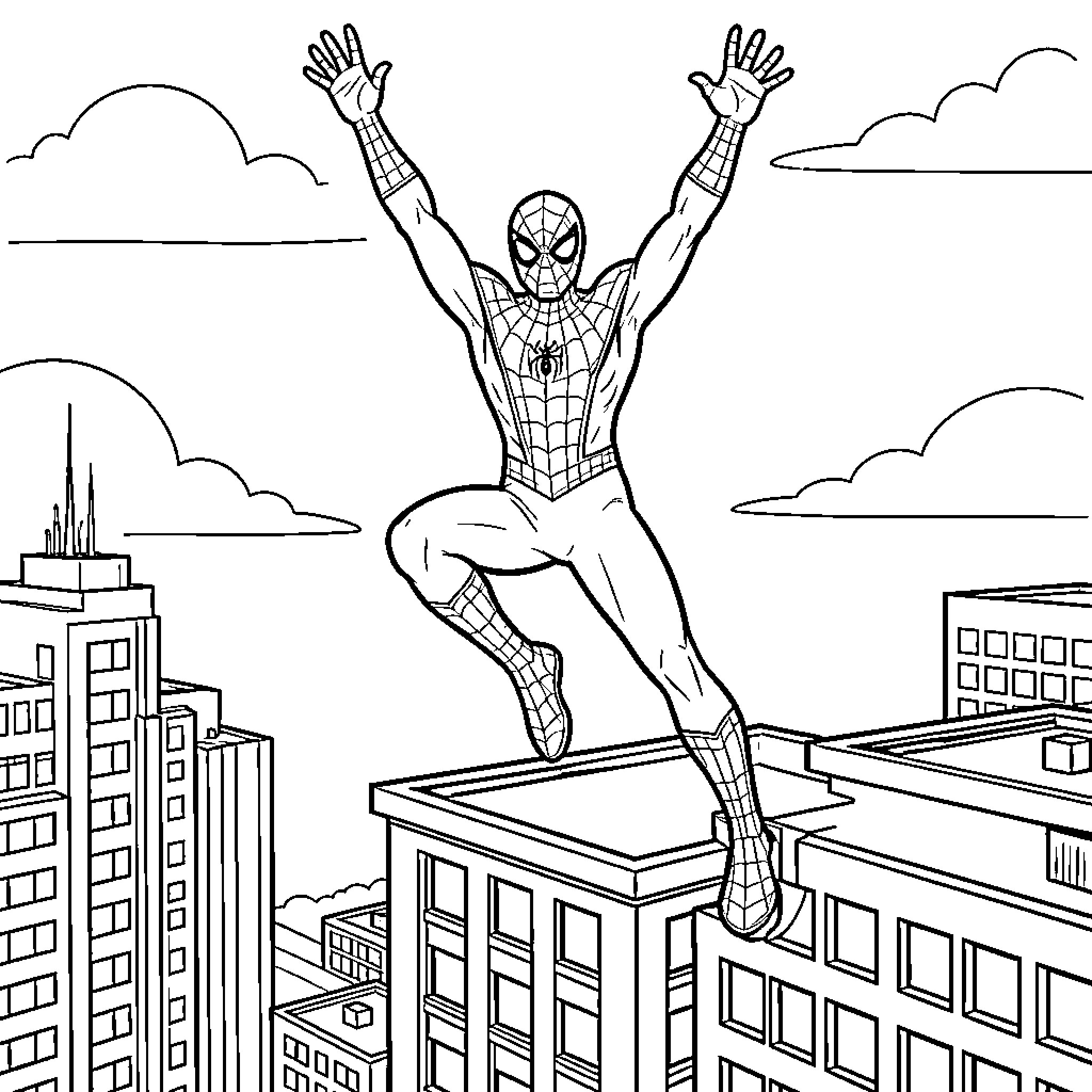 Spiderman leaping heroically between city skyscrapers Coloring Page (free black-and-white line drawing printable PDF for all, from beginners to advanced learners, including children, teens, adults, and seniors)