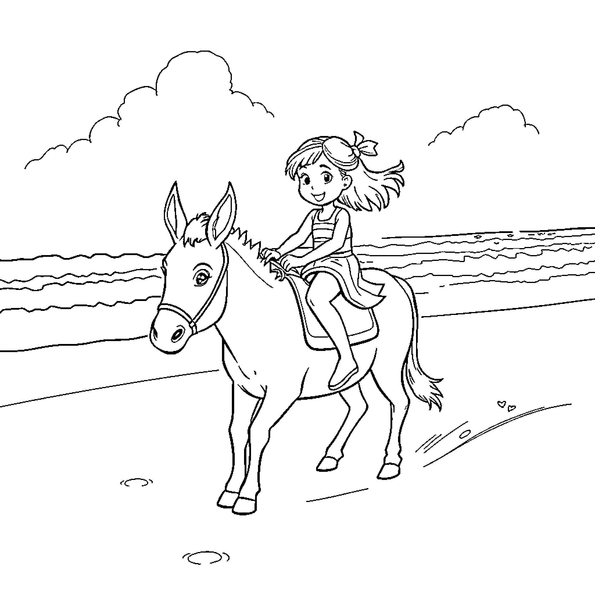 Girl riding a pony on the beach Coloring Page (free black-and-white line drawing printable PDF for all, from beginners to advanced learners, including children, teens, adults, and seniors)