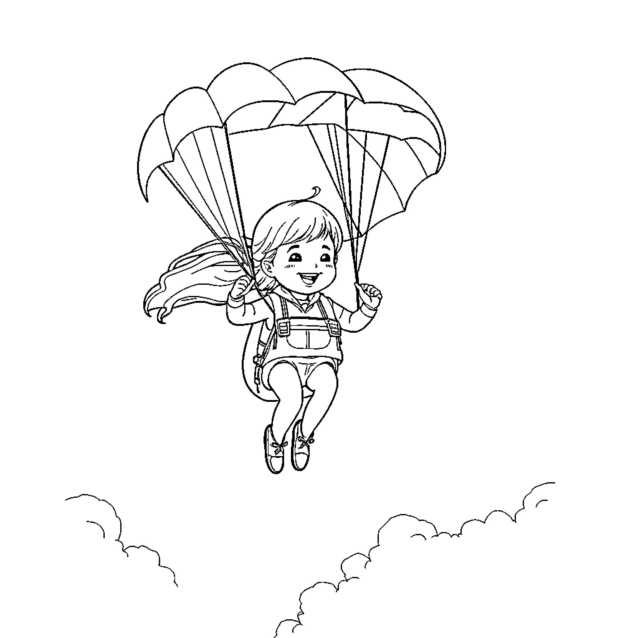 Little Girl Parachuting with Joy Coloring Page (free black-and-white line drawing printable PDF for all, from beginners to advanced learners, including children, teens, adults, and seniors)