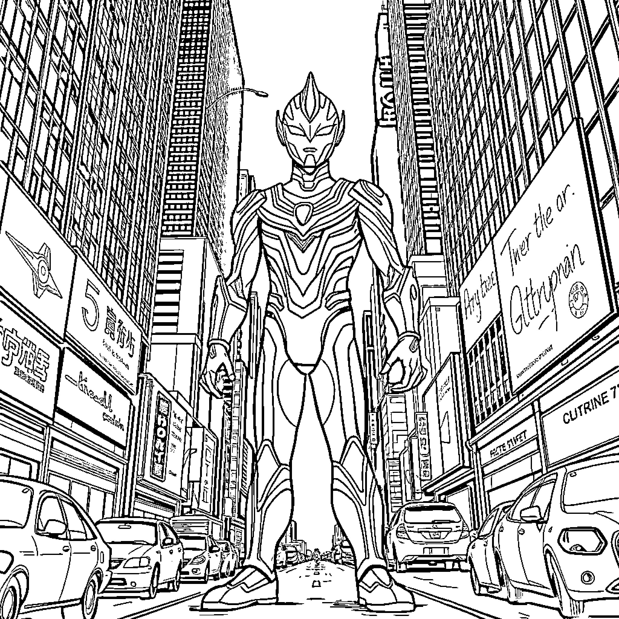 Ultraman towers over a bustling urban cityscape Coloring Page (free black-and-white line drawing printable PDF for all, from beginners to advanced learners, including children, teens, adults, and seniors)