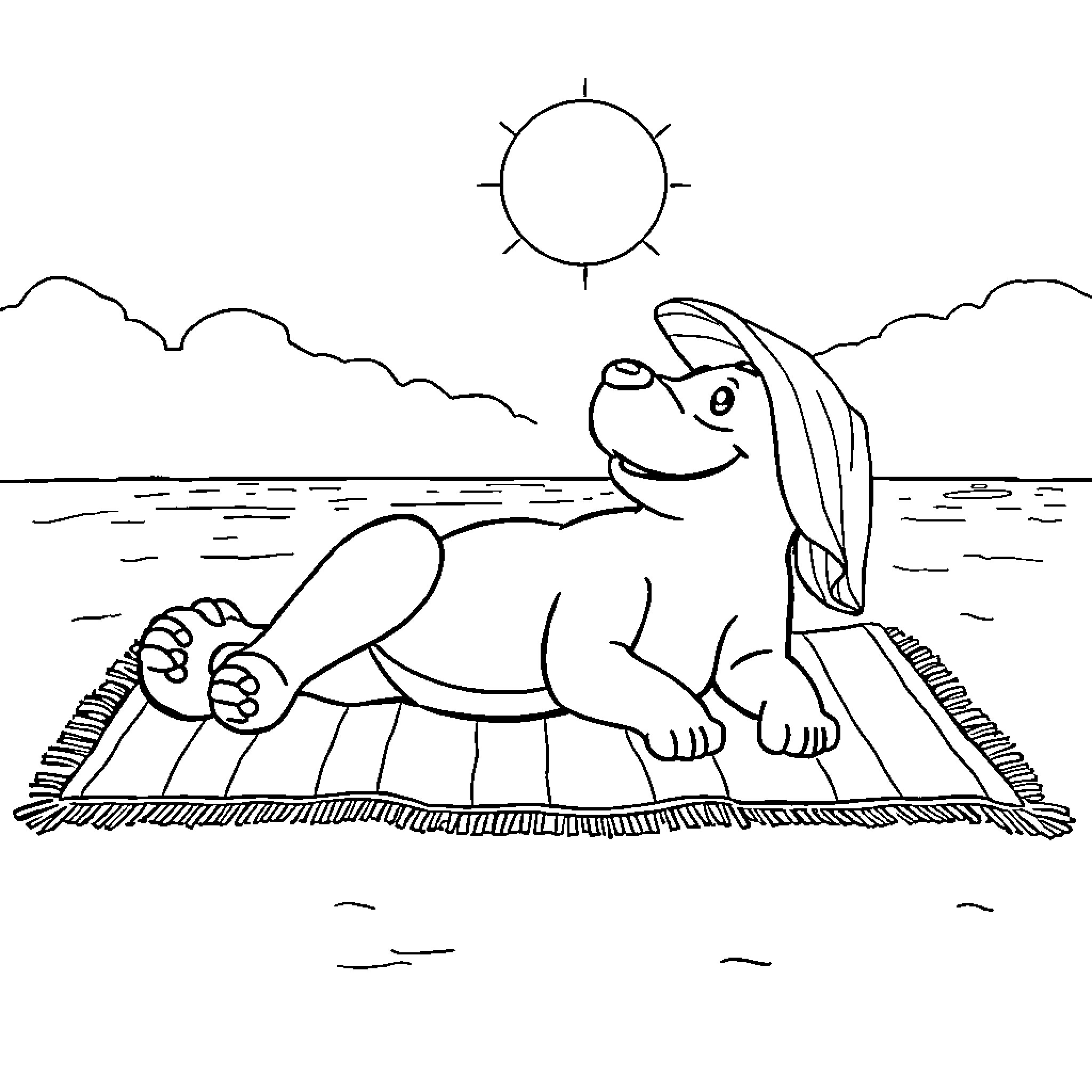 Labubu enjoying a sunny day at the beach Coloring Page (free black-and-white line drawing printable PDF for all, from beginners to advanced learners, including children, teens, adults, and seniors)