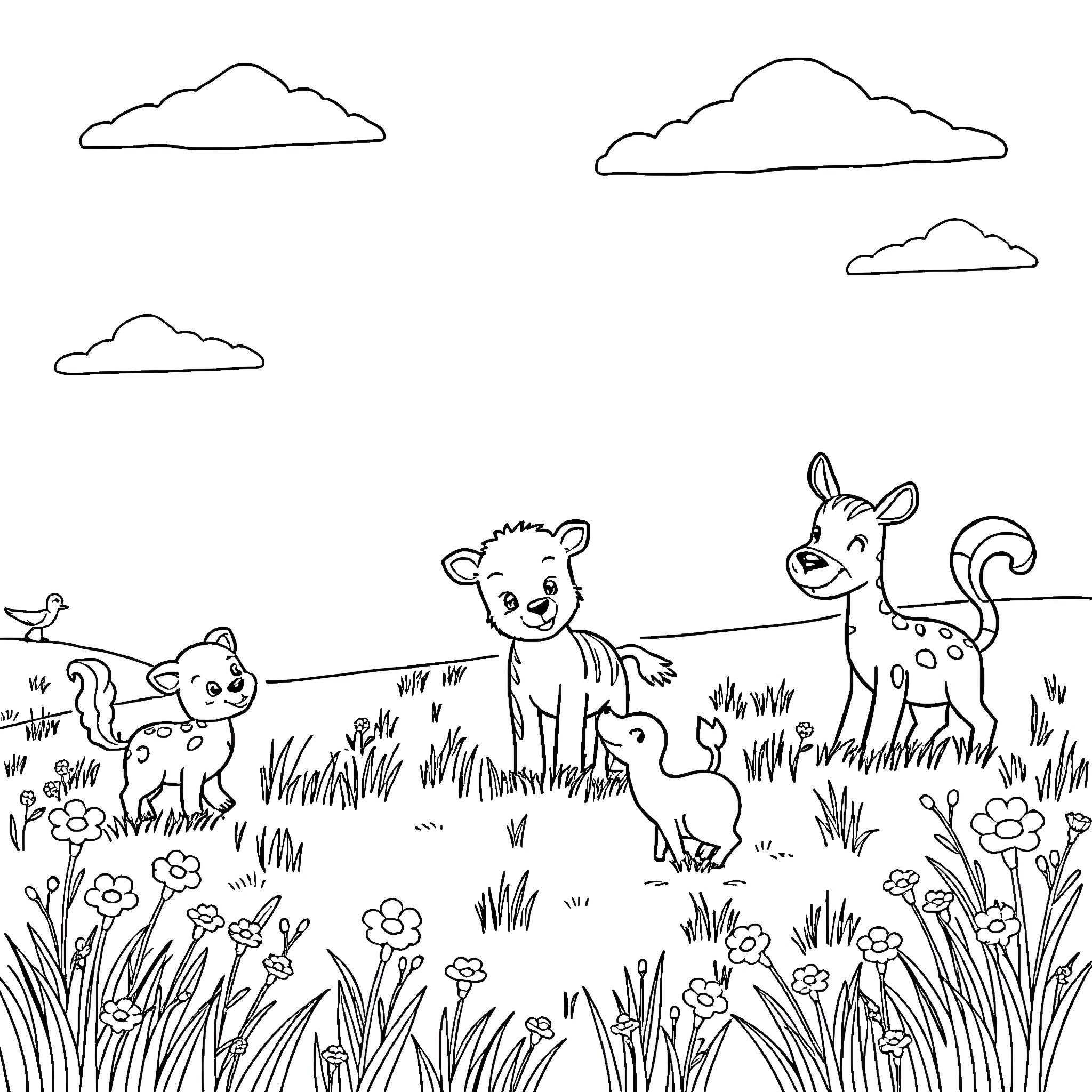 Animal friends playing in grassy meadow Coloring Page (free black-and-white line drawing printable PDF for all, from beginners to advanced learners, including children, teens, adults, and seniors)