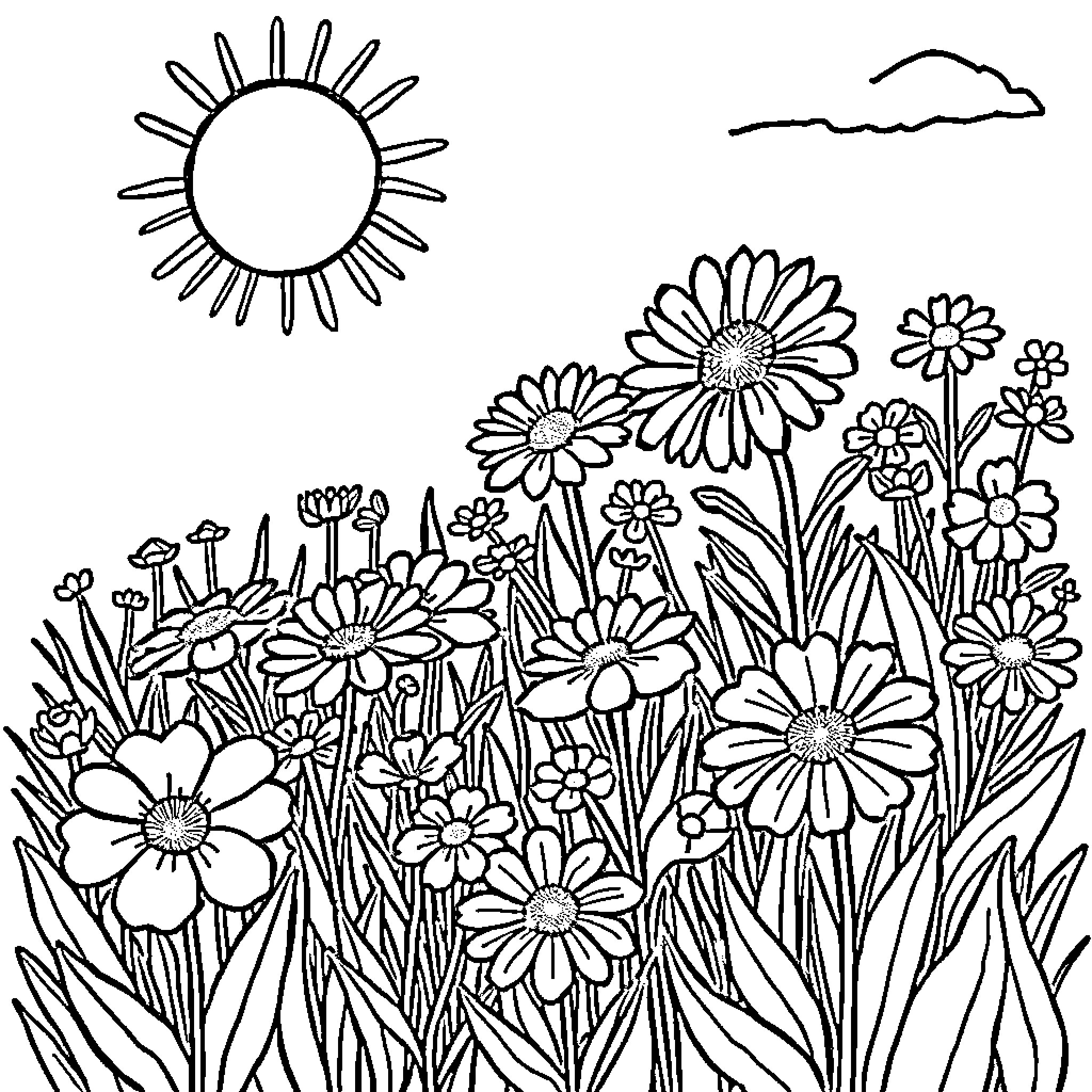 Flower field with sunny skies Coloring Page (free black-and-white line drawing printable PDF for all, from beginners to advanced learners, including children, teens, adults, and seniors)