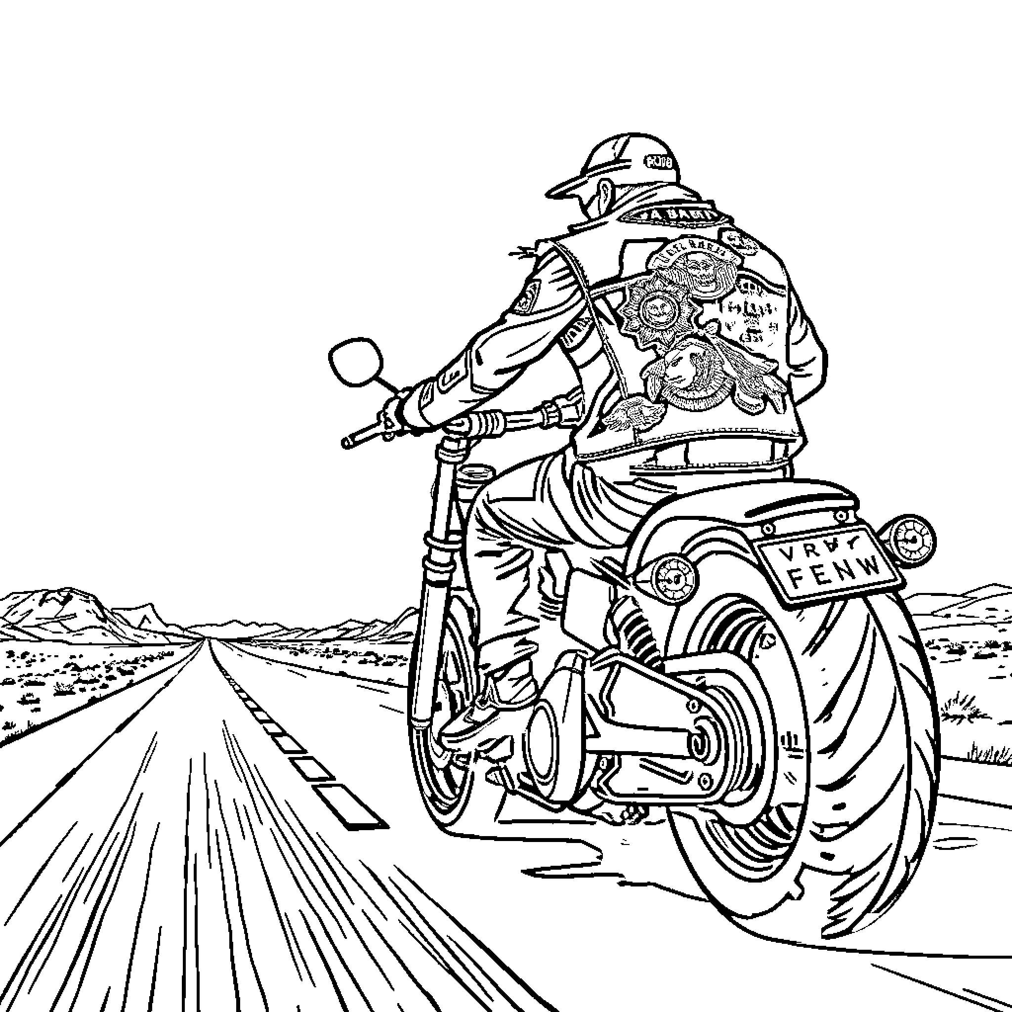 Biker riding motorcycle on desert road Coloring Page (free black-and-white line drawing printable PDF for all, from beginners to advanced learners, including children, teens, adults, and seniors)