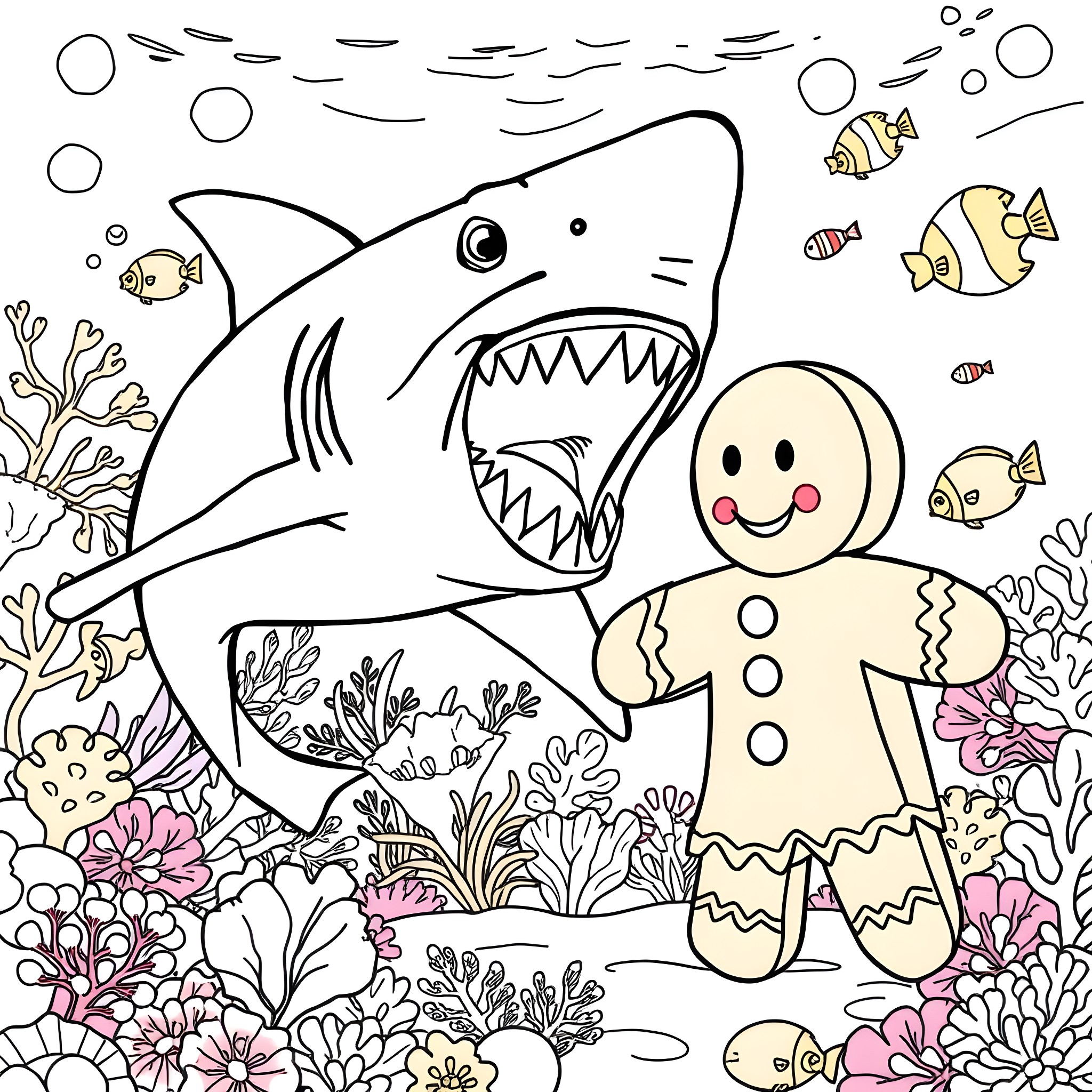Shark hunting gingerbread man in the underwater world Coloring Page (free black-and-white line drawing printable PDF for all, from beginners to advanced learners, including children, teens, adults, and seniors)