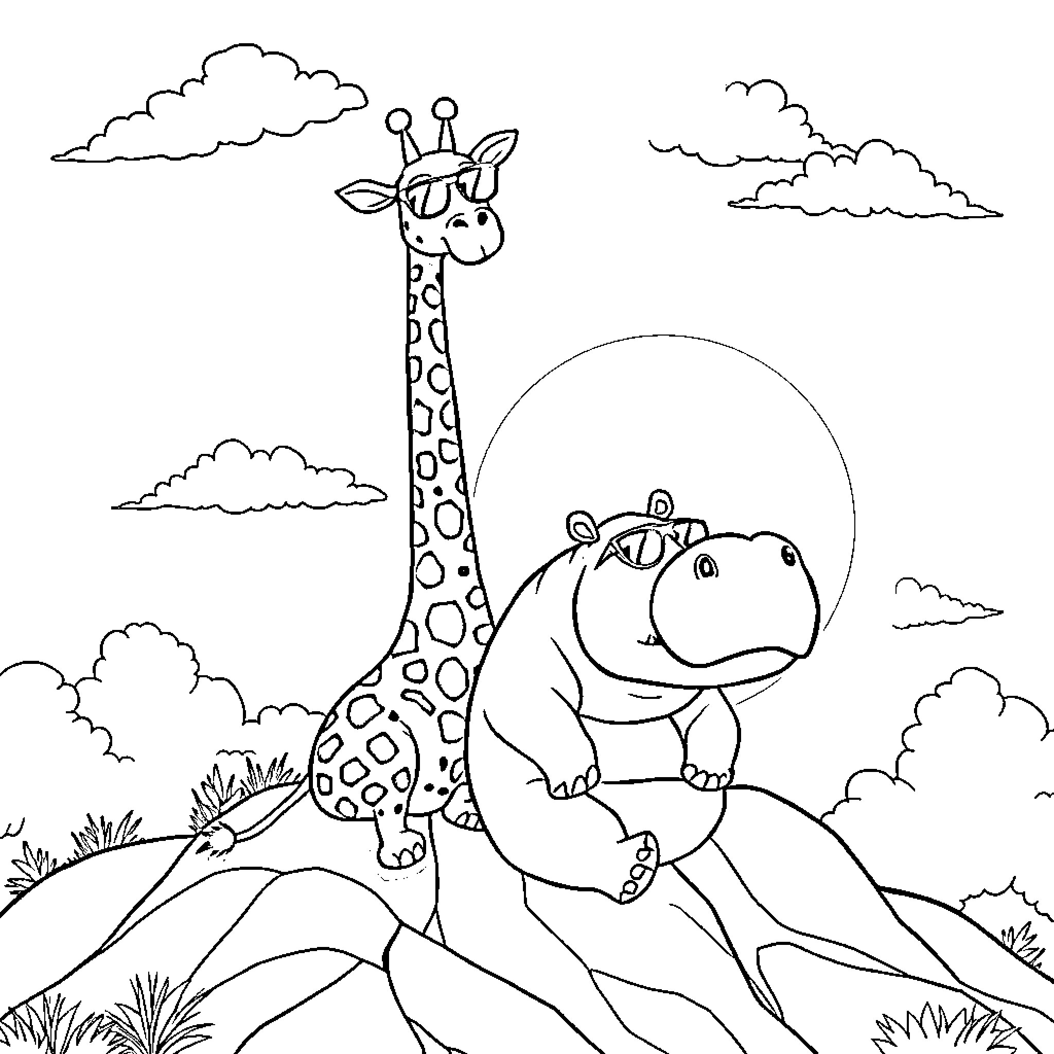 Giraffe and Hippo Enjoying Nature Together Coloring Page (free black-and-white line drawing printable PDF for all, from beginners to advanced learners, including children, teens, adults, and seniors)