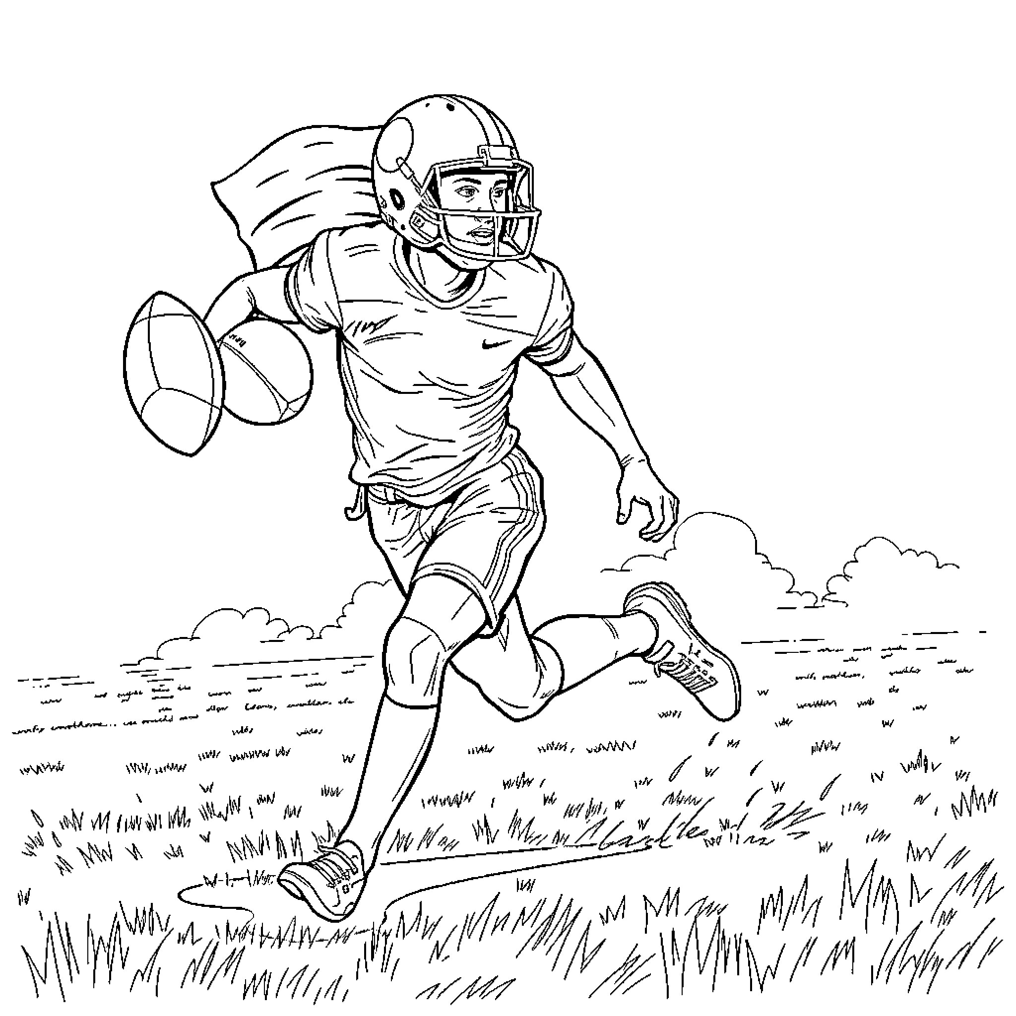 Jugador corriendo con balón en un campo Coloring Page (free black-and-white line drawing printable PDF for all, from beginners to advanced learners, including children, teens, adults, and seniors)