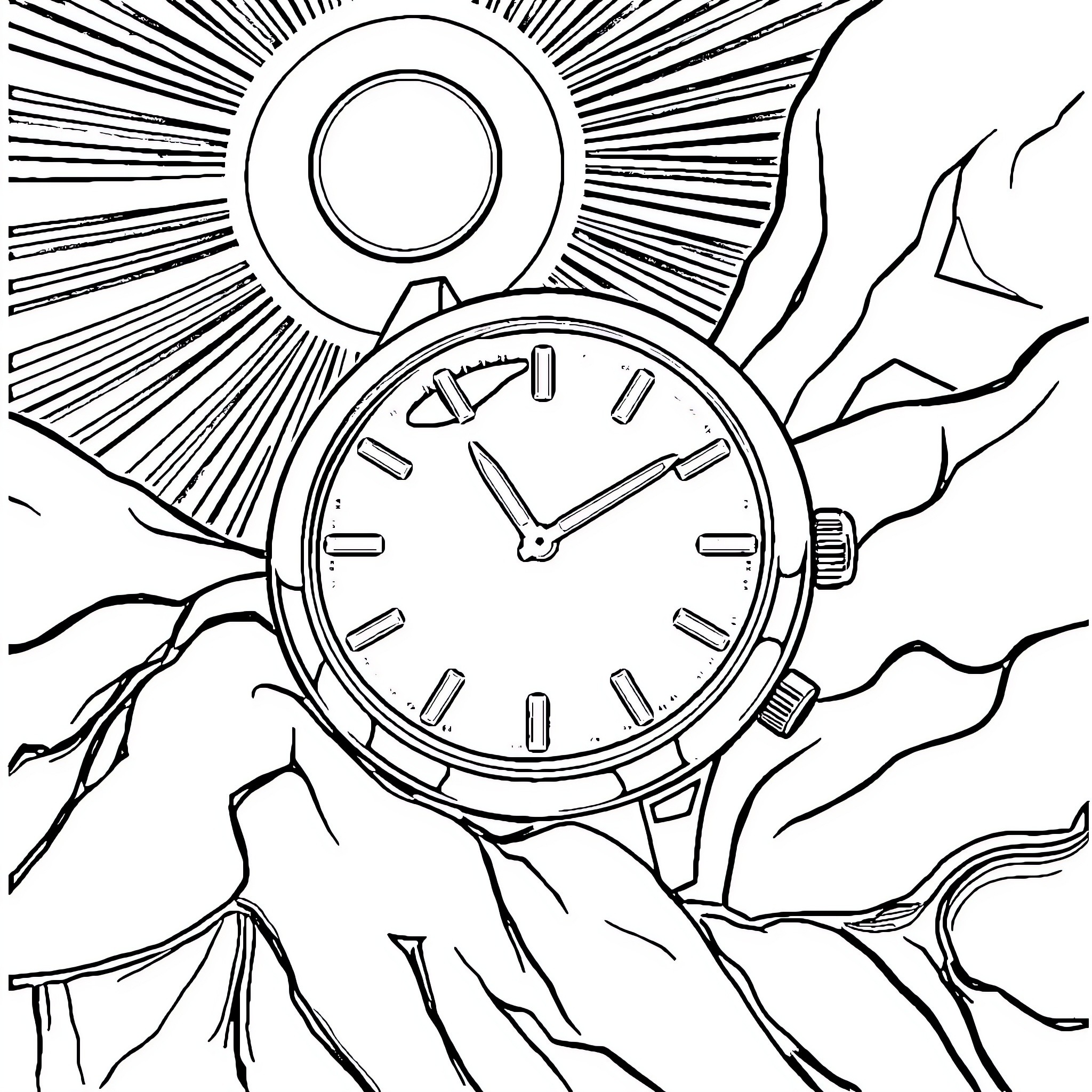 Sun Rising Over Surreal Timepiece Landscape Coloring Page (free black-and-white line drawing printable PDF for all, from beginners to advanced learners, including children, teens, adults, and seniors)