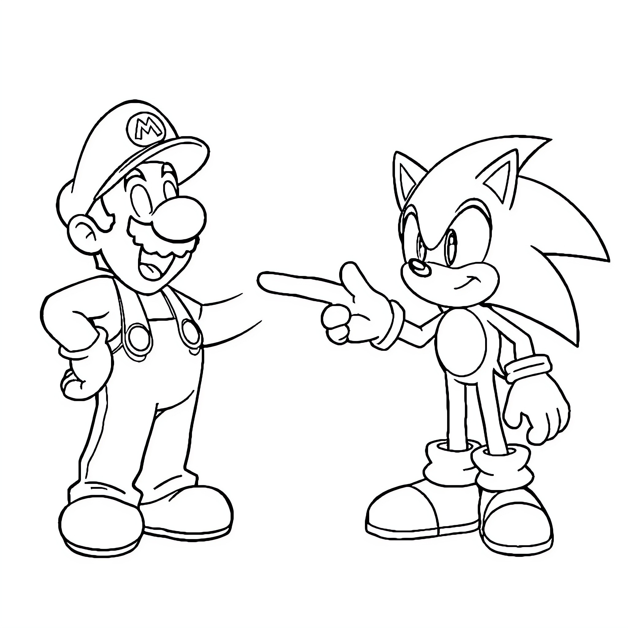 Mario and Sonic in playful poses Coloring Page (free black-and-white line drawing printable PDF for all, from beginners to advanced learners, including children, teens, adults, and seniors)