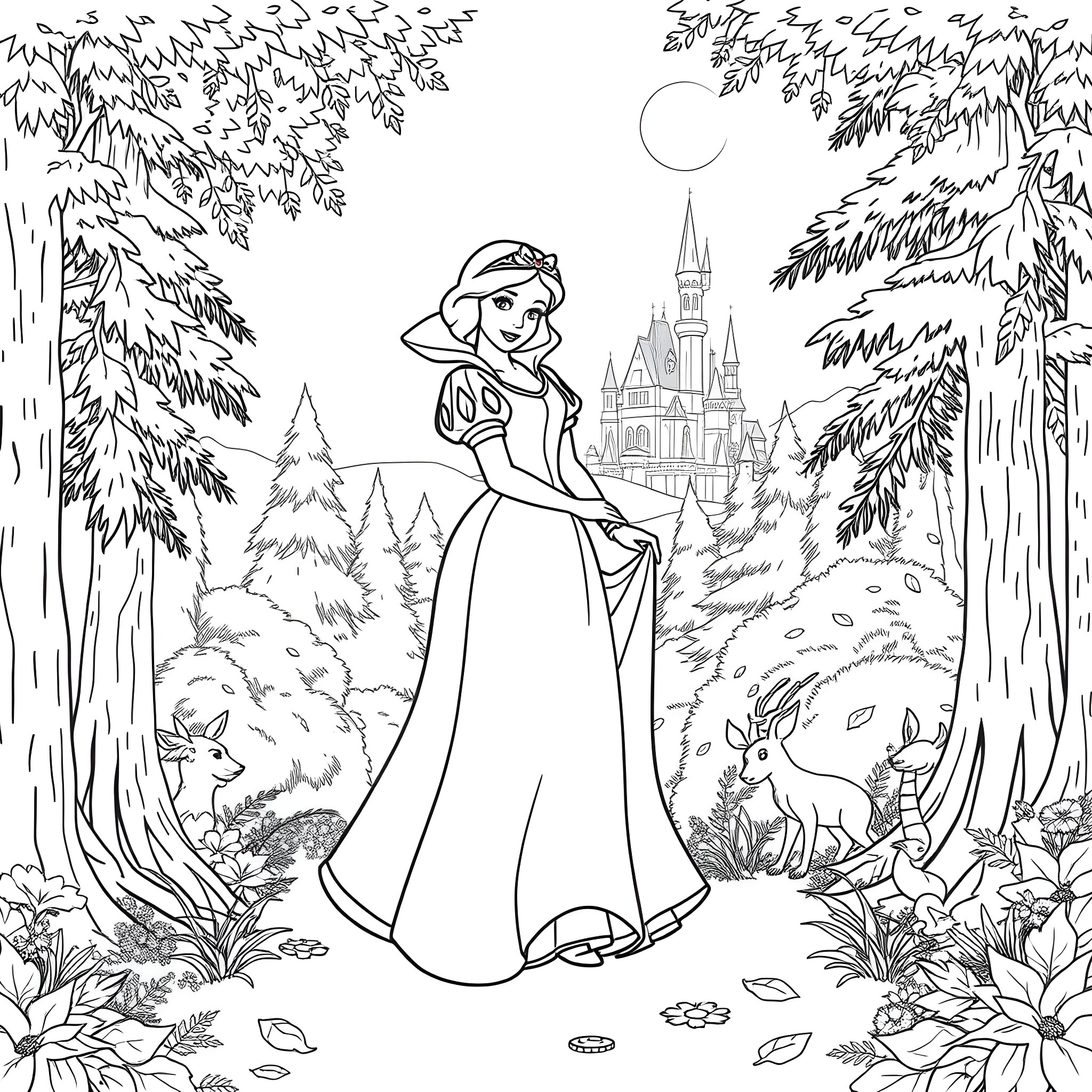 Snow White walking through the enchanted forest Coloring Page (free black-and-white line drawing printable PDF for all, from beginners to advanced learners, including children, teens, adults, and seniors)