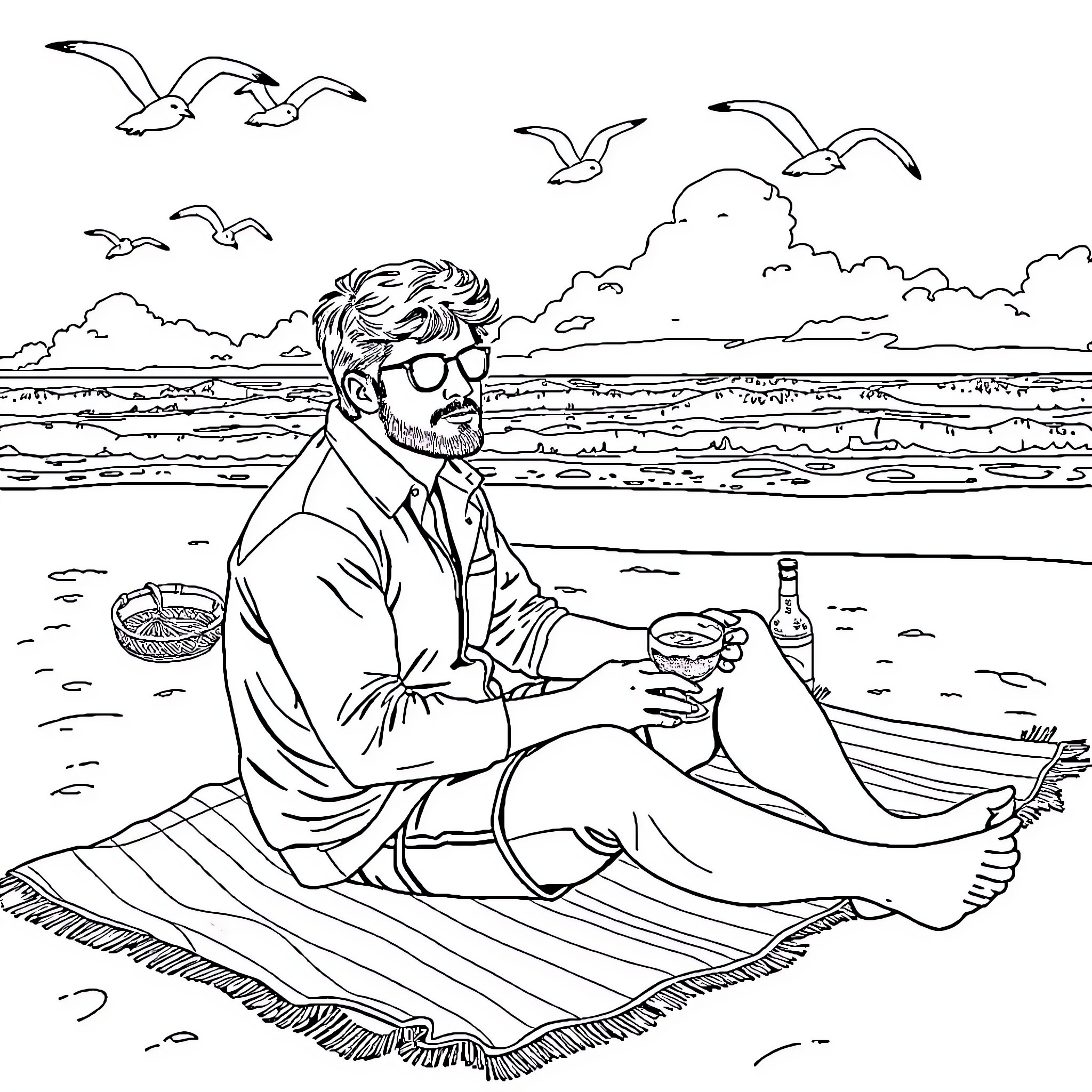 Pedro Pascal enjoying a peaceful picnic by the sea Coloring Page (free black-and-white line drawing printable PDF for all, from beginners to advanced learners, including children, teens, adults, and seniors)