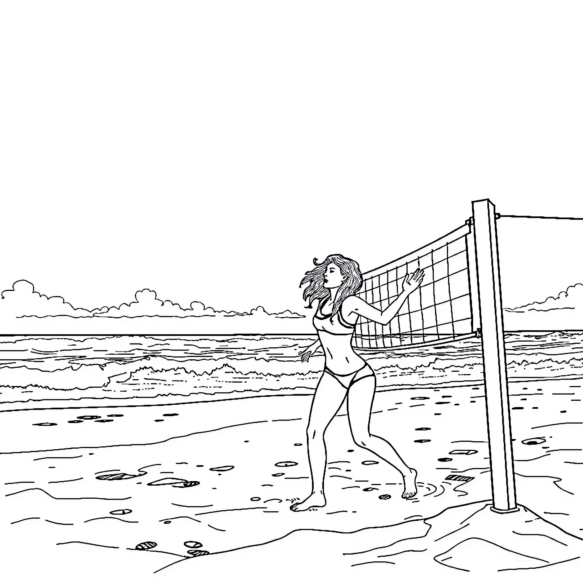 Sydney Sweeney playing volleyball on the beach Coloring Page (free black-and-white line drawing printable PDF for all, from beginners to advanced learners, including children, teens, adults, and seniors)