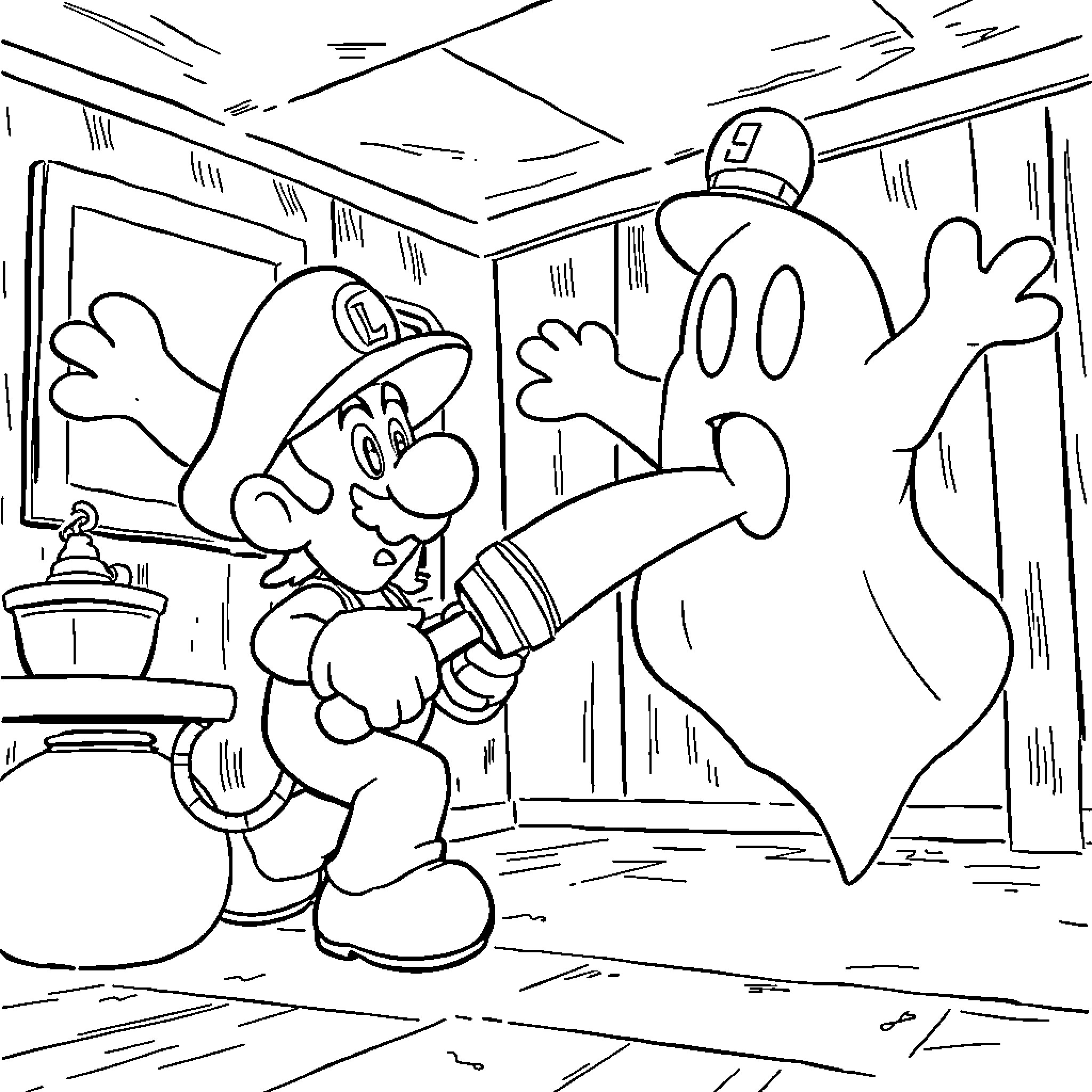 Luigi's Ghostly Adventure Coloring Page (free black-and-white line drawing printable PDF for all, from beginners to advanced learners, including children, teens, adults, and seniors)