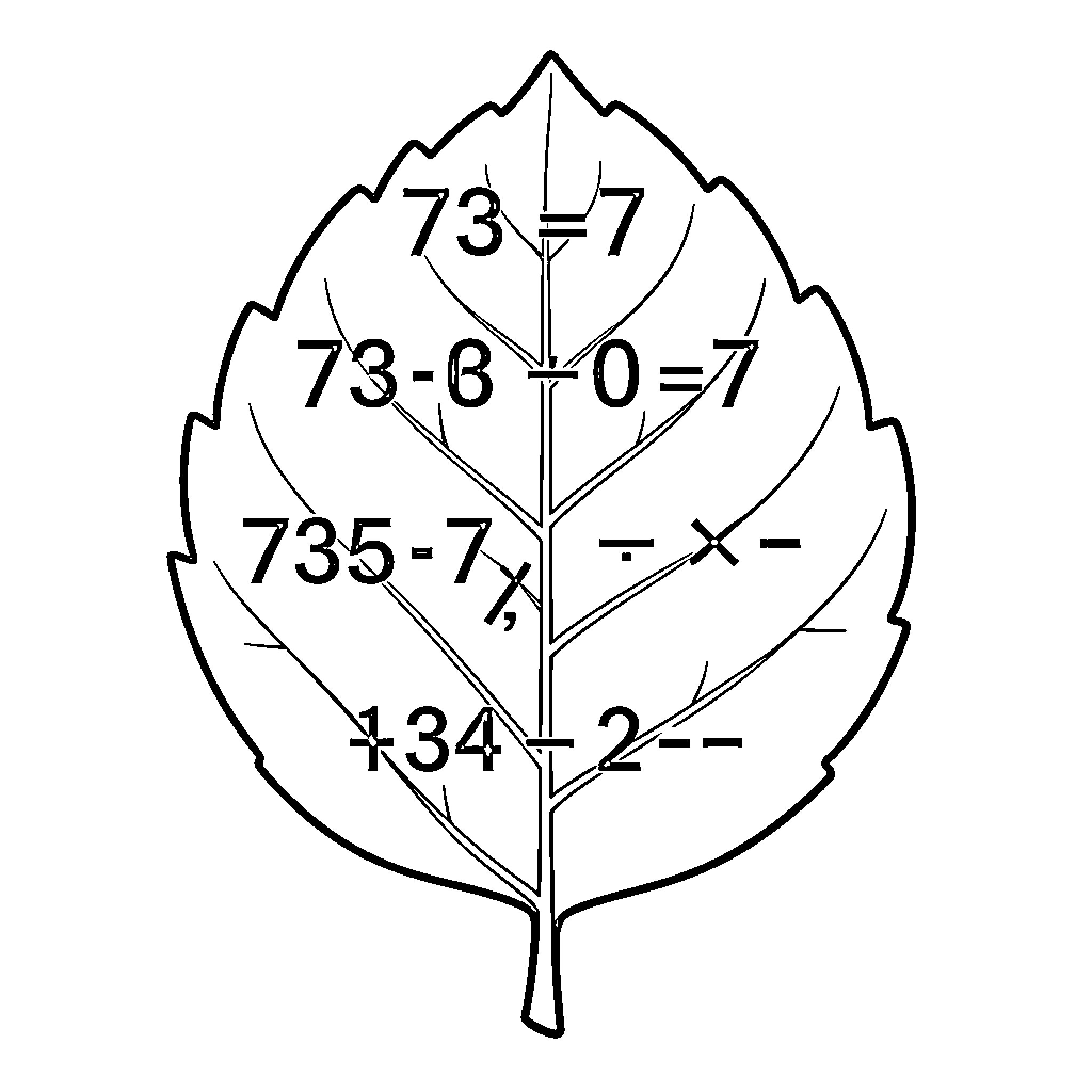 Multiplication and arithmetic problems written on a leaf Coloring Page (free black-and-white line drawing printable PDF for all, from beginners to advanced learners, including children, teens, adults, and seniors)
