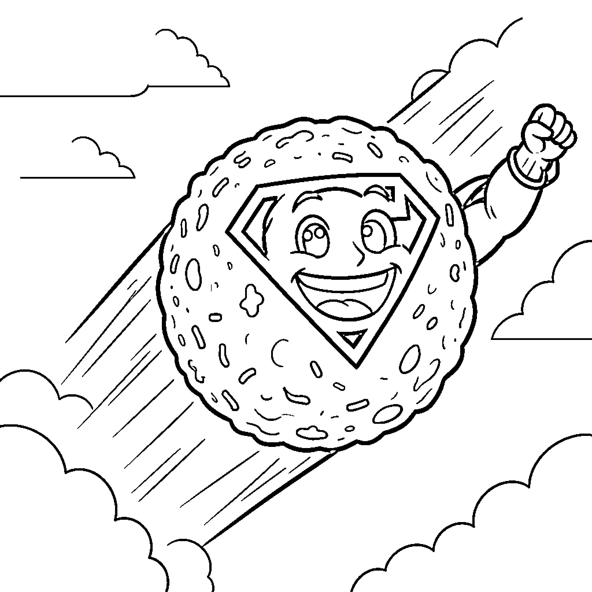Food Ball flying heroically through the clouds Coloring Page (free black-and-white line drawing printable PDF for all, from beginners to advanced learners, including children, teens, adults, and seniors)