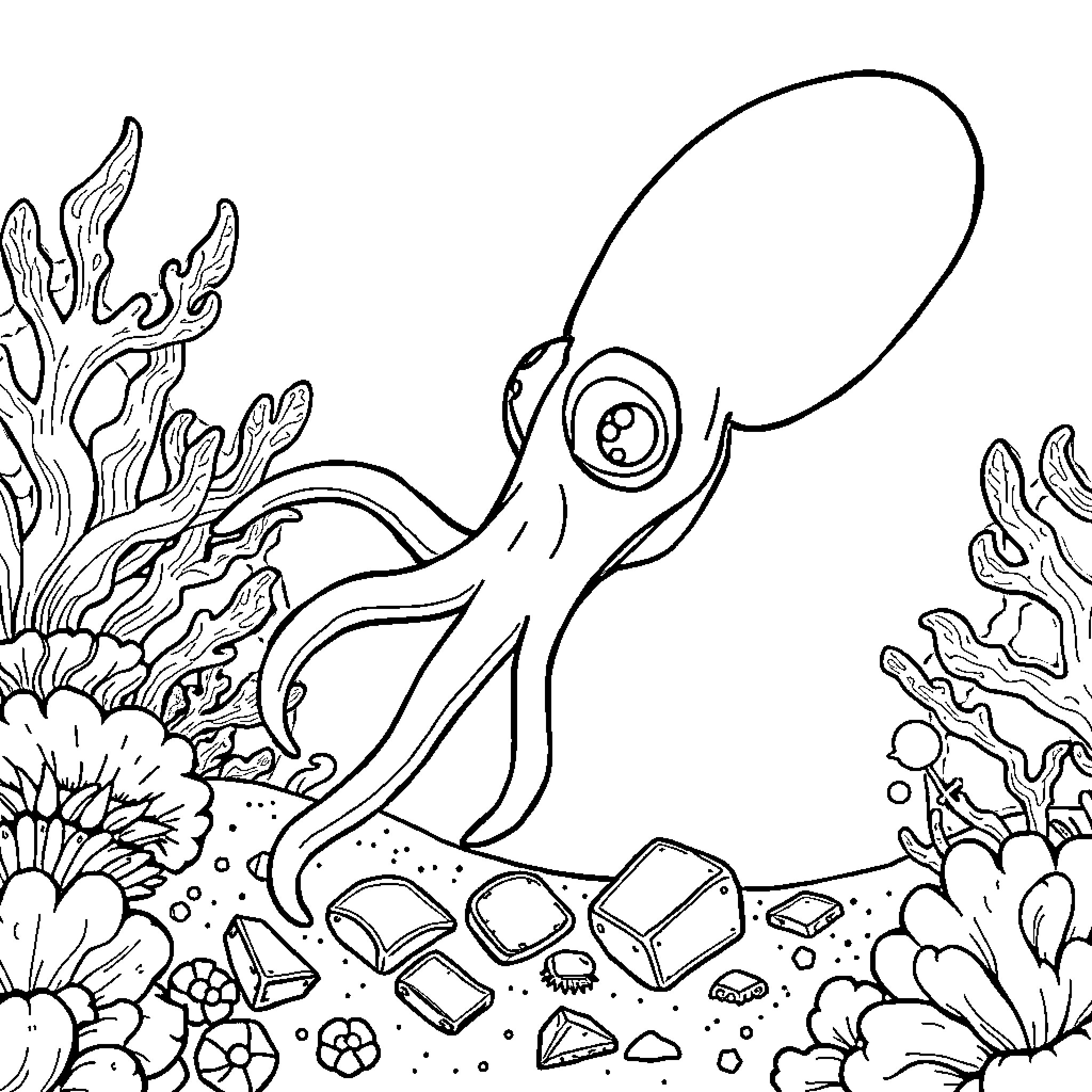 Squid exploring the colorful underwater world Coloring Page (free black-and-white line drawing printable PDF for all, from beginners to advanced learners, including children, teens, adults, and seniors)