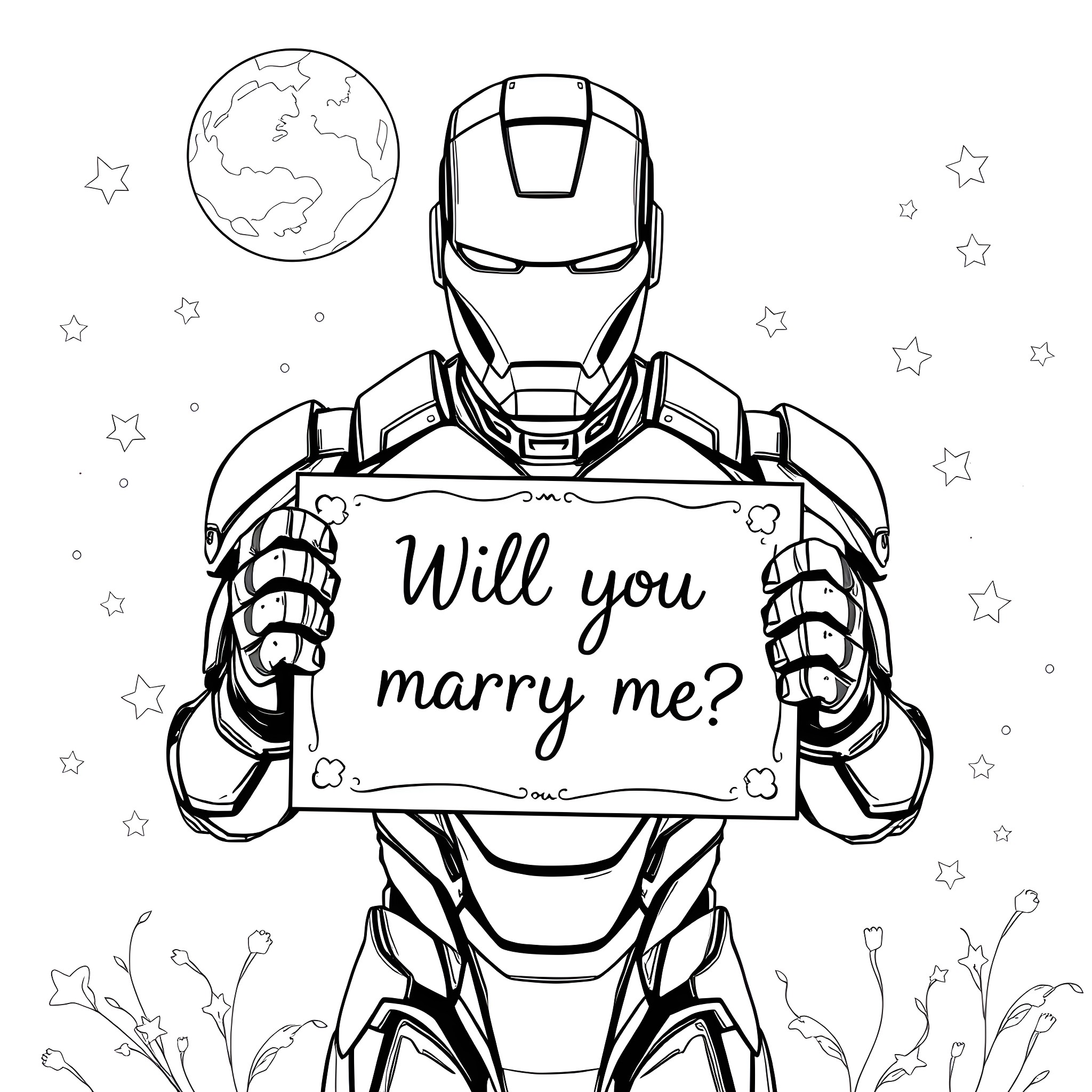 Iron Man Proposes Marriage with Holographic Display Coloring Page (free black-and-white line drawing printable PDF for all, from beginners to advanced learners, including children, teens, adults, and seniors)