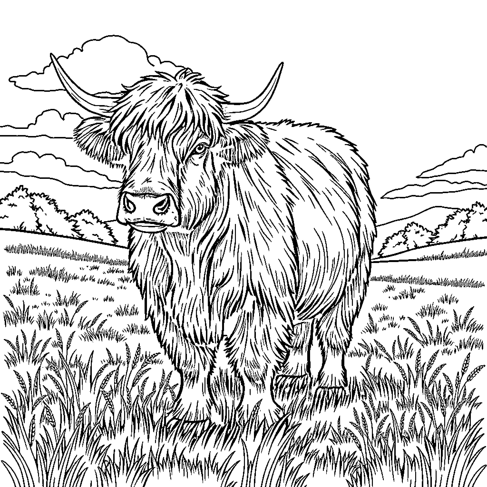 Highland Cow grazing peacefully in a grassy field Coloring Page (free black-and-white line drawing printable PDF for all, from beginners to advanced learners, including children, teens, adults, and seniors)