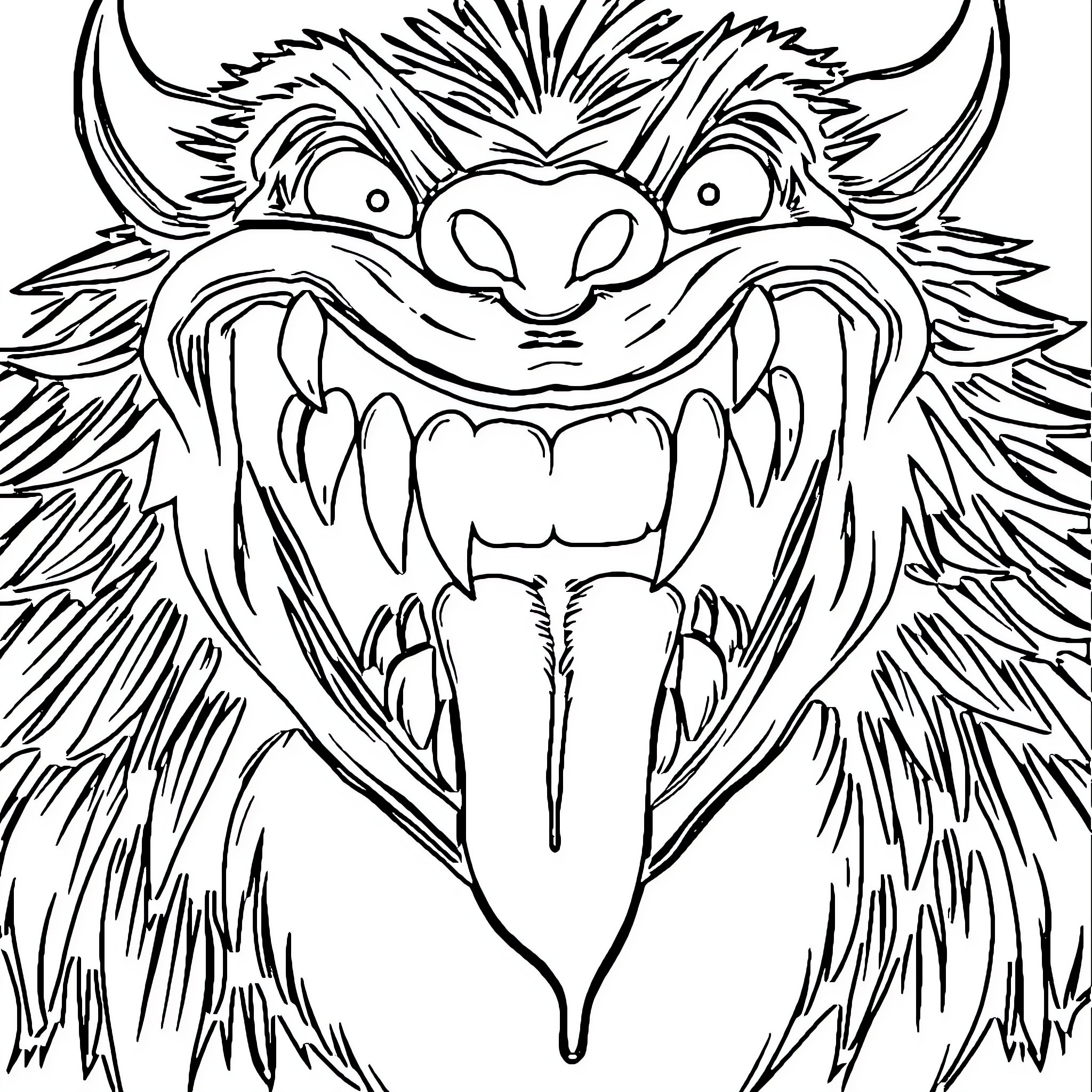 Boy's Fierce Furry Monster Drawing Coloring Page (free black-and-white line drawing printable PDF for all, from beginners to advanced learners, including children, teens, adults, and seniors)
