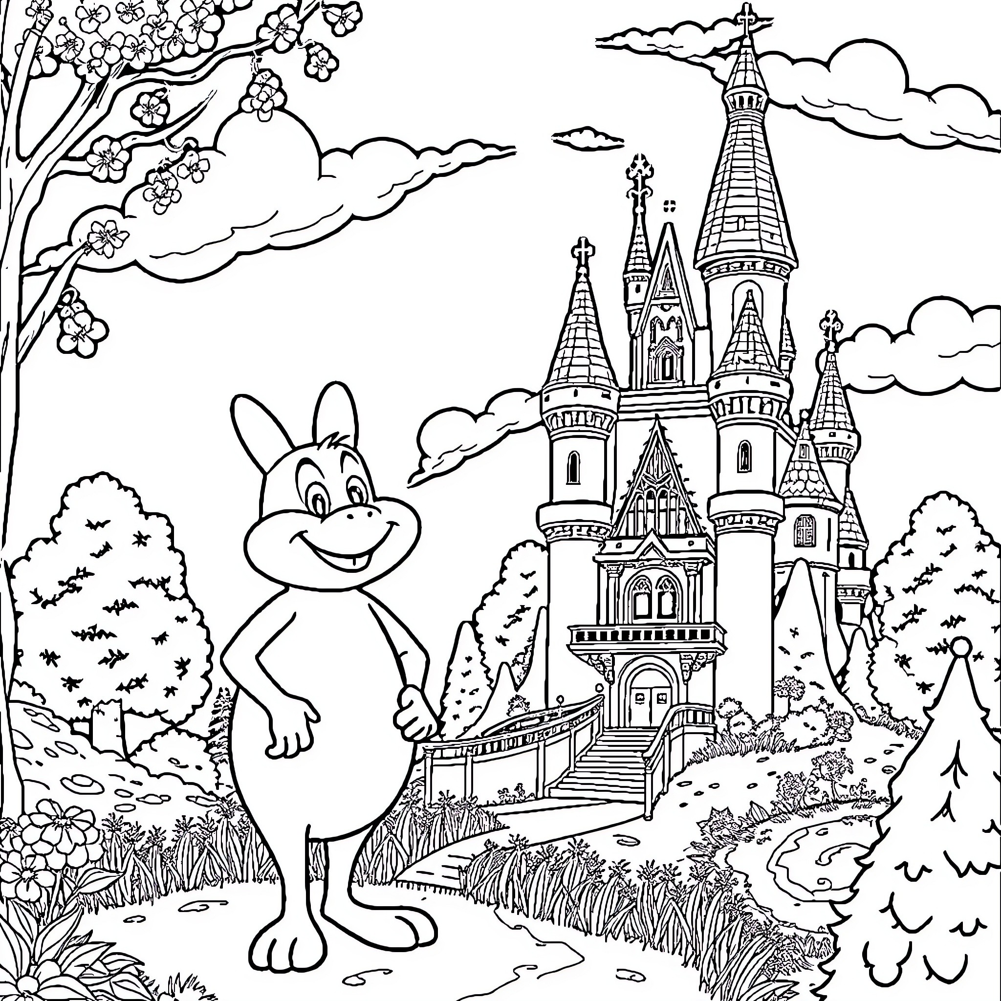 Pardoes Rabbit's Whimsical Adventures in the Enchanted Castle Coloring Page (free black-and-white line drawing printable PDF for all, from beginners to advanced learners, including children, teens, adults, and seniors)