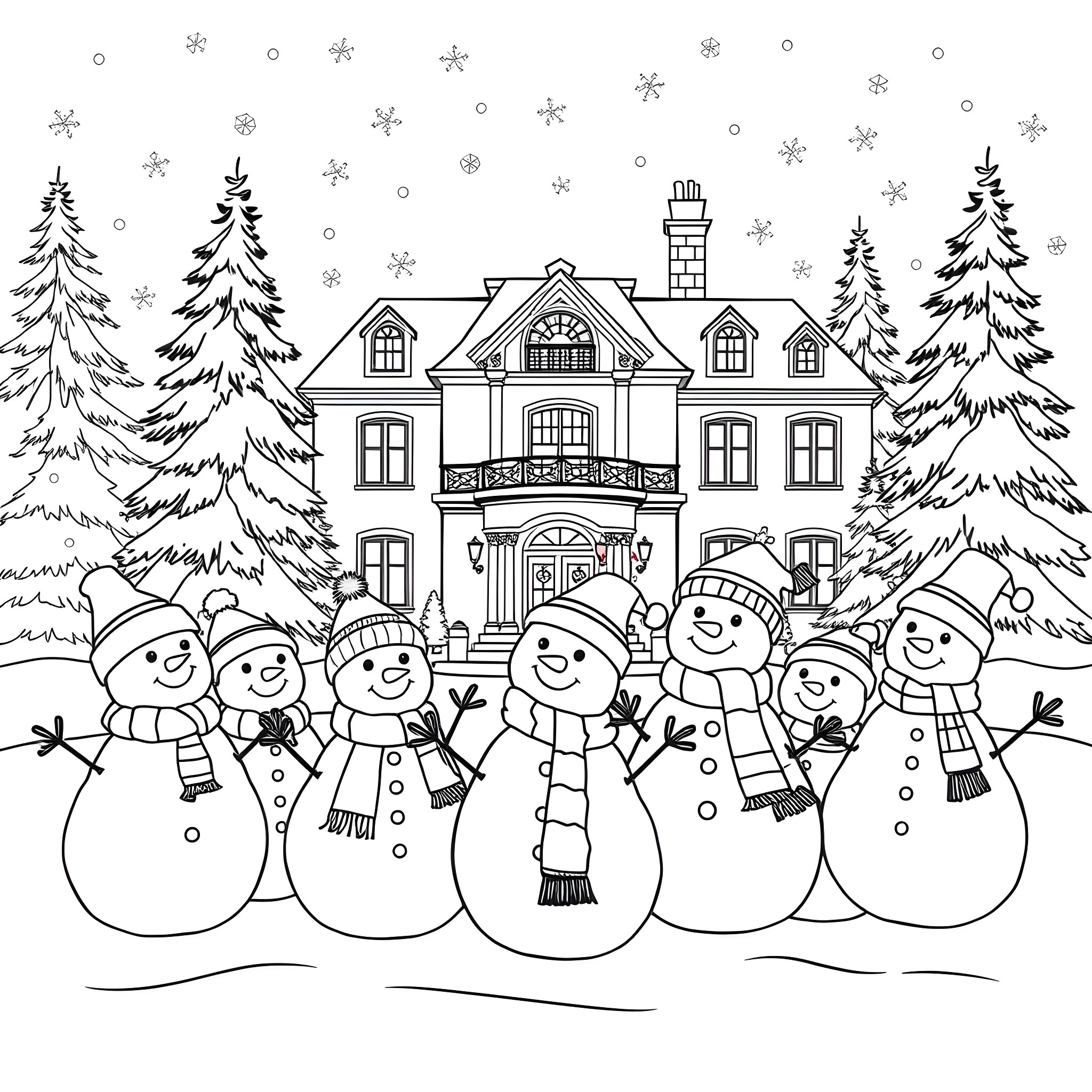 Snowman family playing in the winter wonderland Coloring Page (free black-and-white line drawing printable PDF for all, from beginners to advanced learners, including children, teens, adults, and seniors)