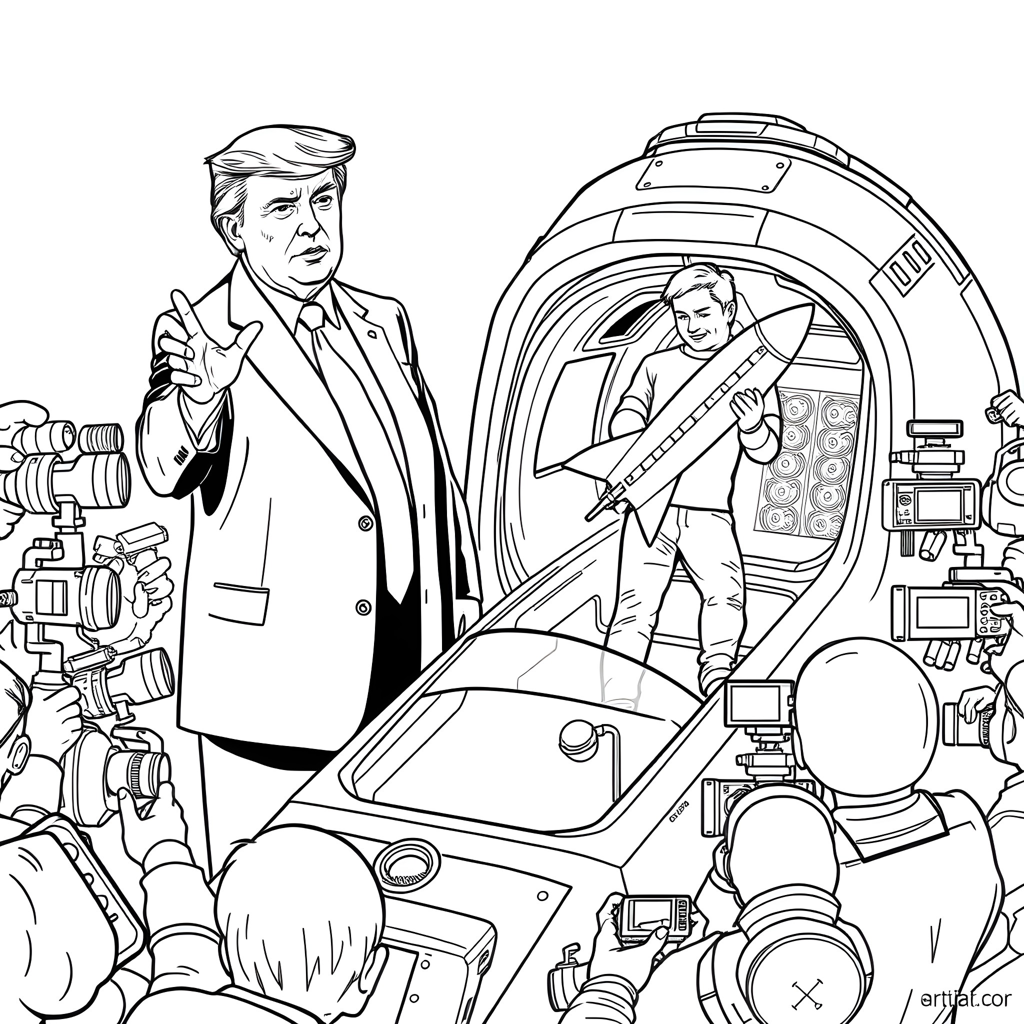 Donald Trump in Alien Space Capsule Surrounded by Technology Coloring Page (free black-and-white line drawing printable PDF for all, from beginners to advanced learners, including children, teens, adults, and seniors)