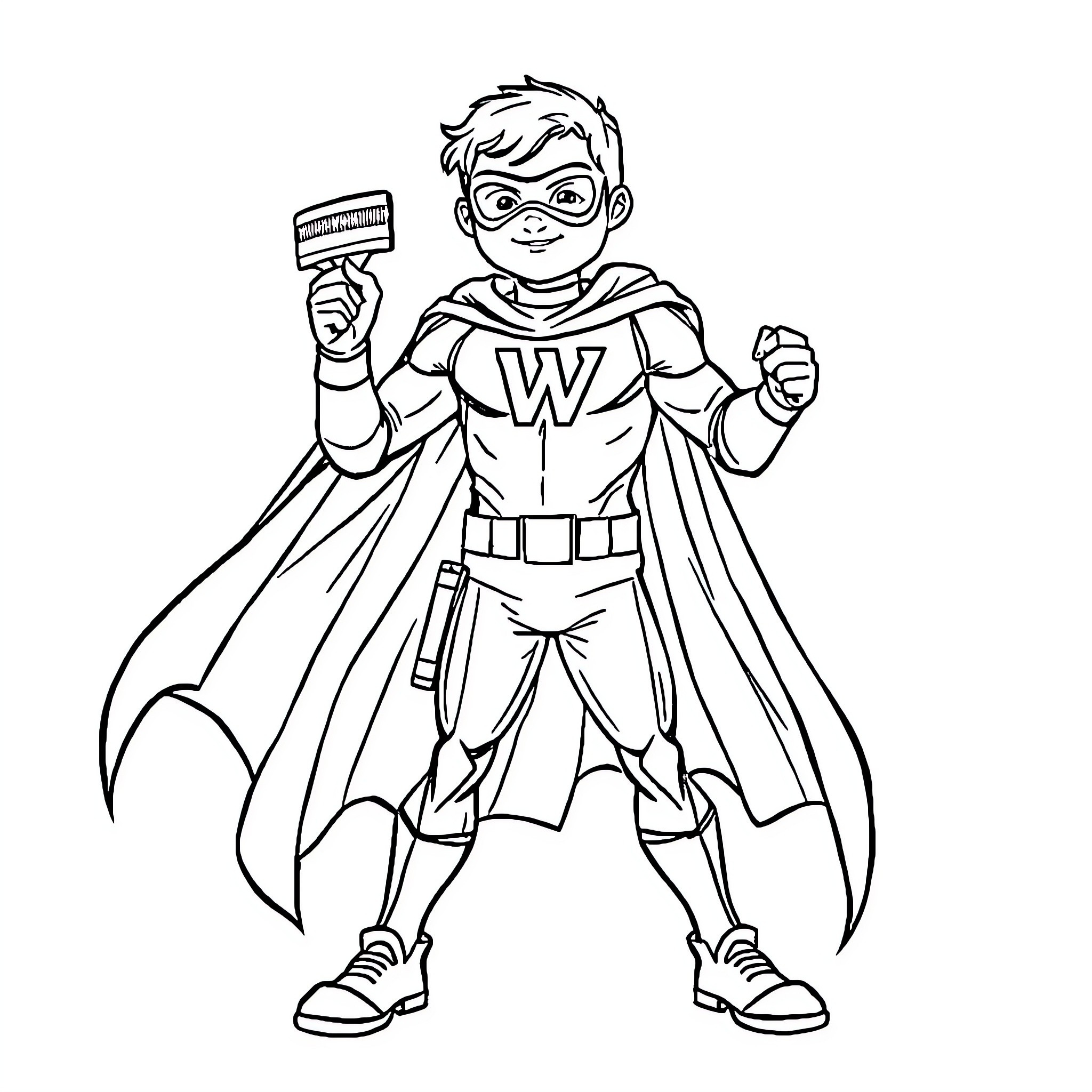 Superhero Boy Ready for Action Coloring Page (free black-and-white line drawing printable PDF for all, from beginners to advanced learners, including children, teens, adults, and seniors)