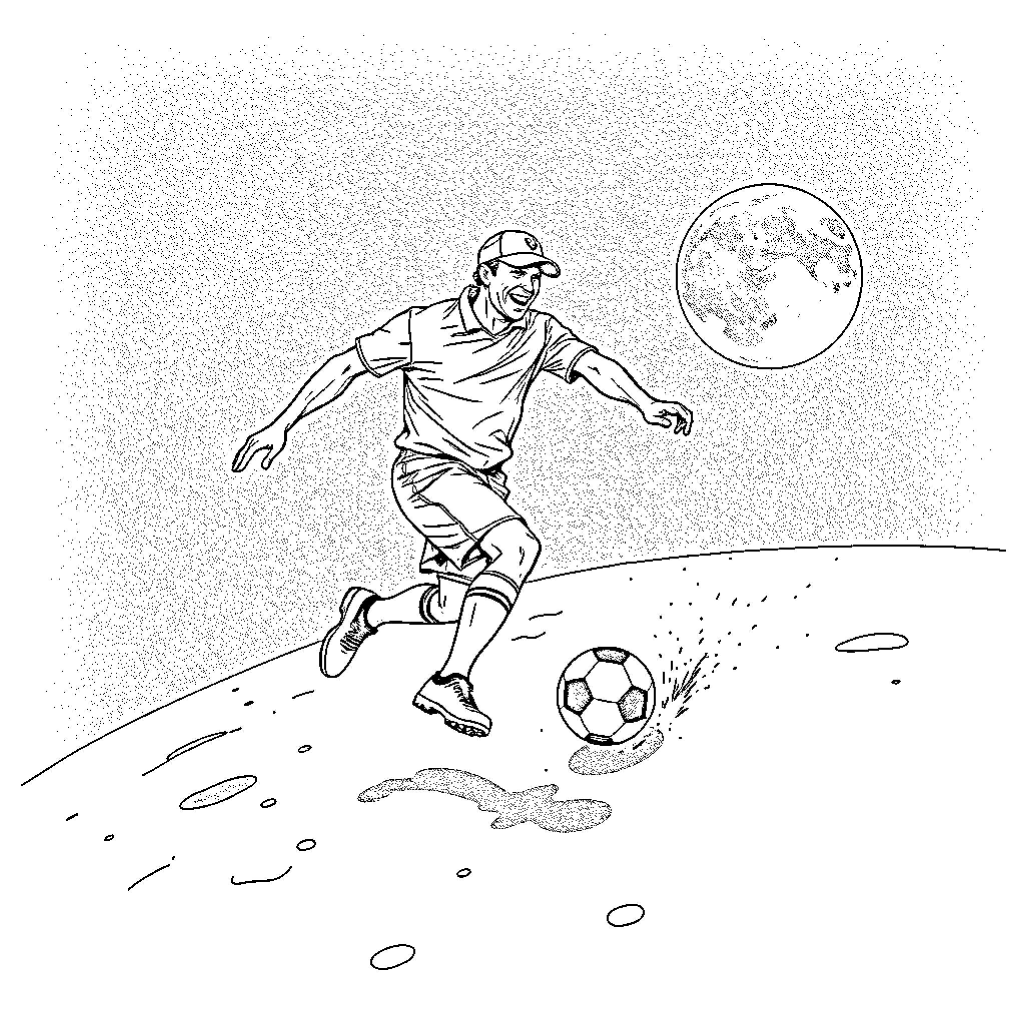 Tiger Woods playing soccer under the moonlight Coloring Page (free black-and-white line drawing printable PDF for all, from beginners to advanced learners, including children, teens, adults, and seniors)