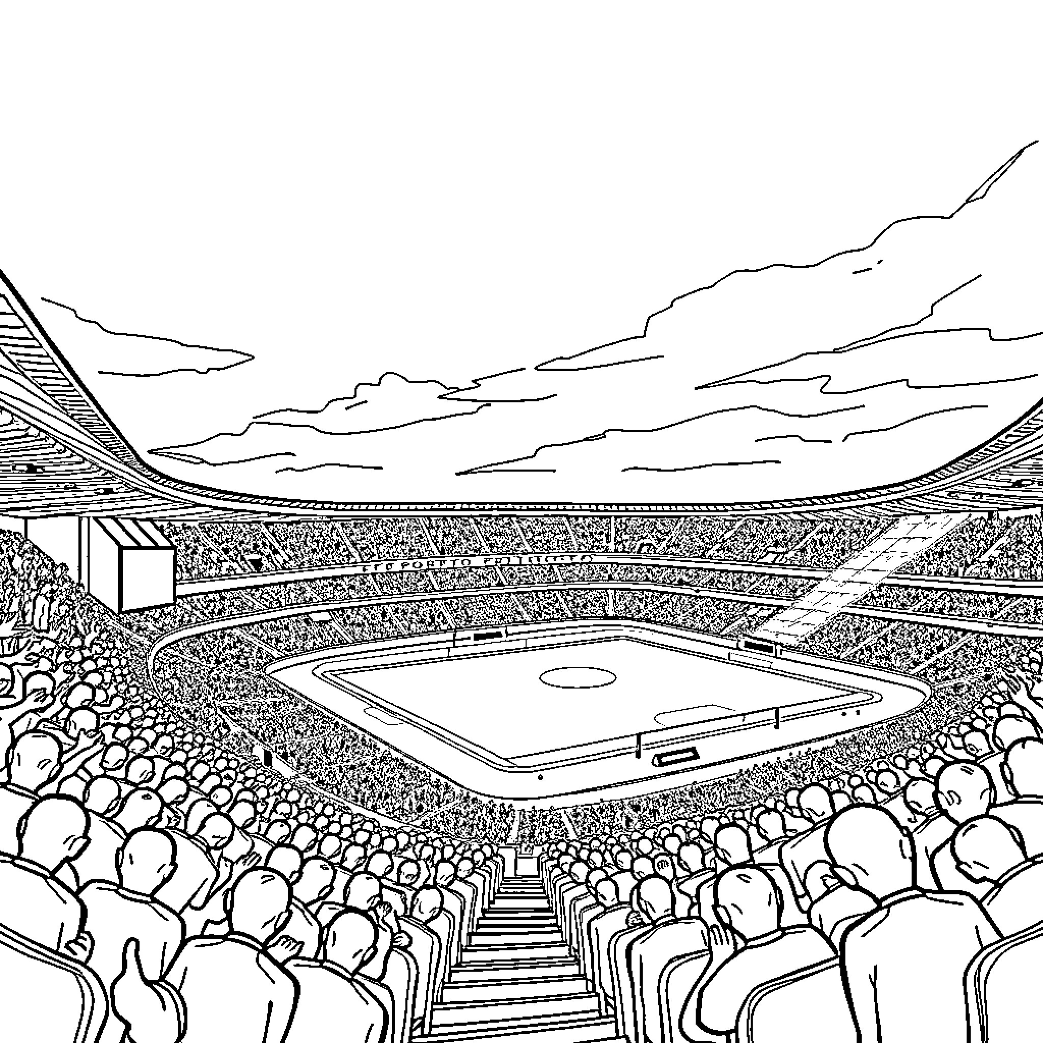 Fc Porto football stadium filled with spectators Coloring Page (free black-and-white line drawing printable PDF for all, from beginners to advanced learners, including children, teens, adults, and seniors)