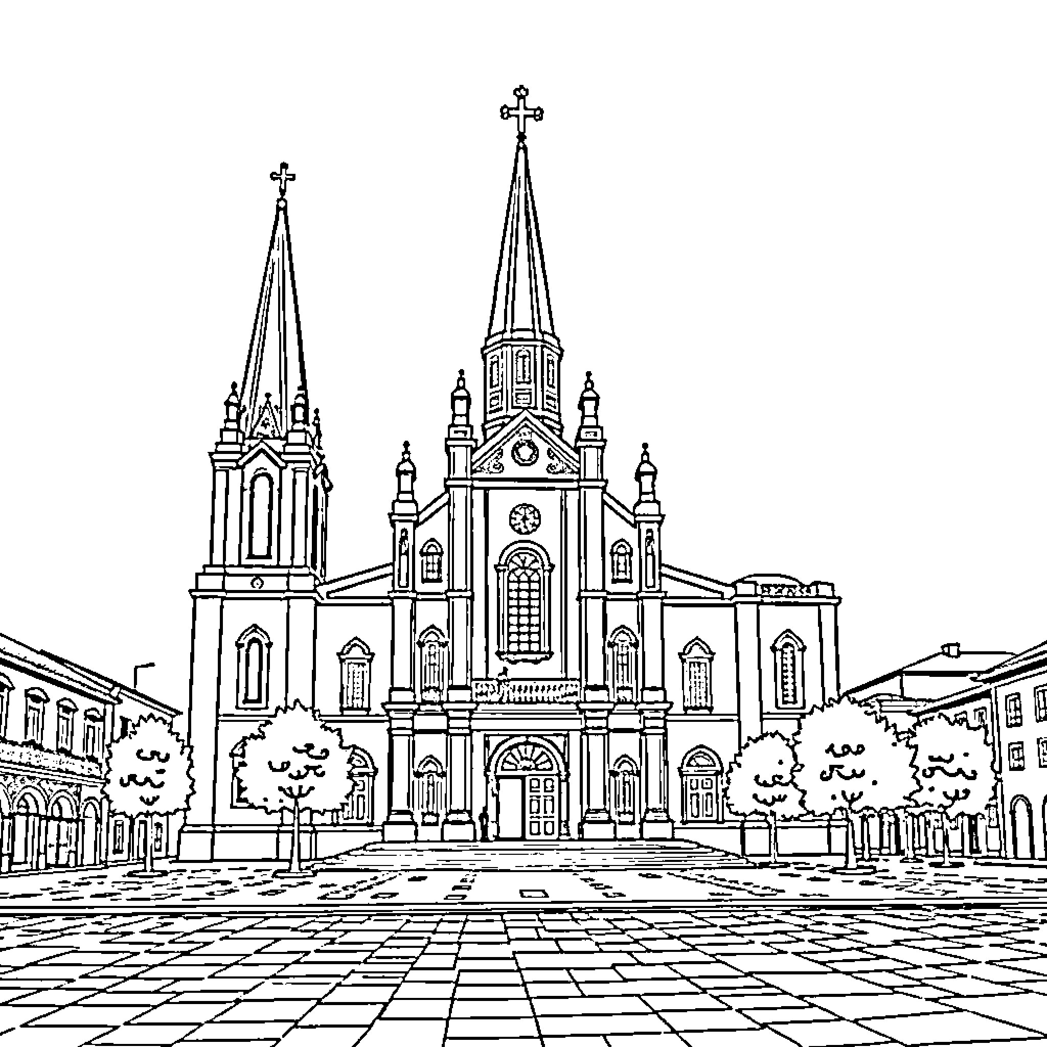 Basilica with ornate architecture and towering spires Coloring Page (free black-and-white line drawing printable PDF for all, from beginners to advanced learners, including children, teens, adults, and seniors)