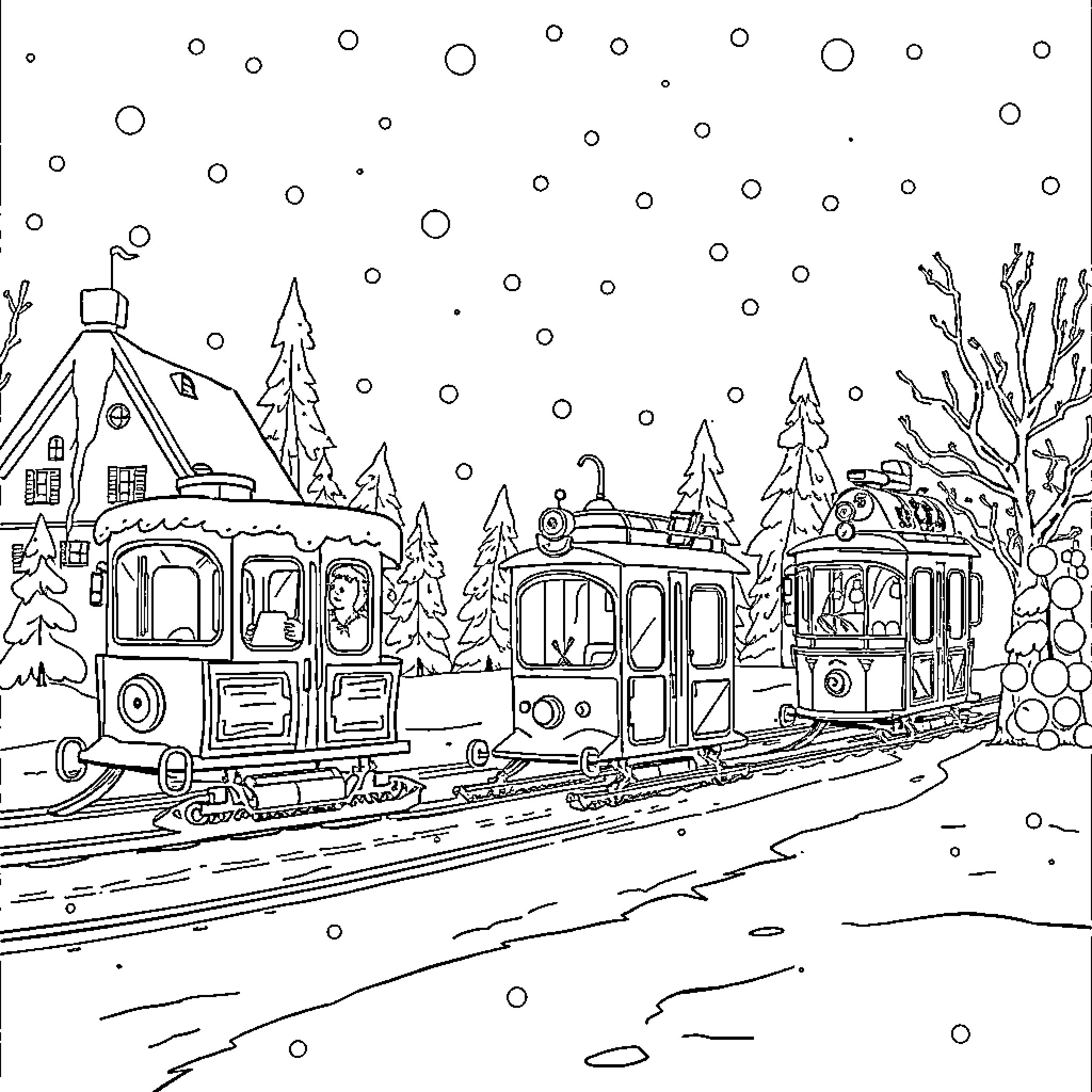 Fête Foraine Trains Traversing Wintry Landscape Coloring Page (free black-and-white line drawing printable PDF for all, from beginners to advanced learners, including children, teens, adults, and seniors)