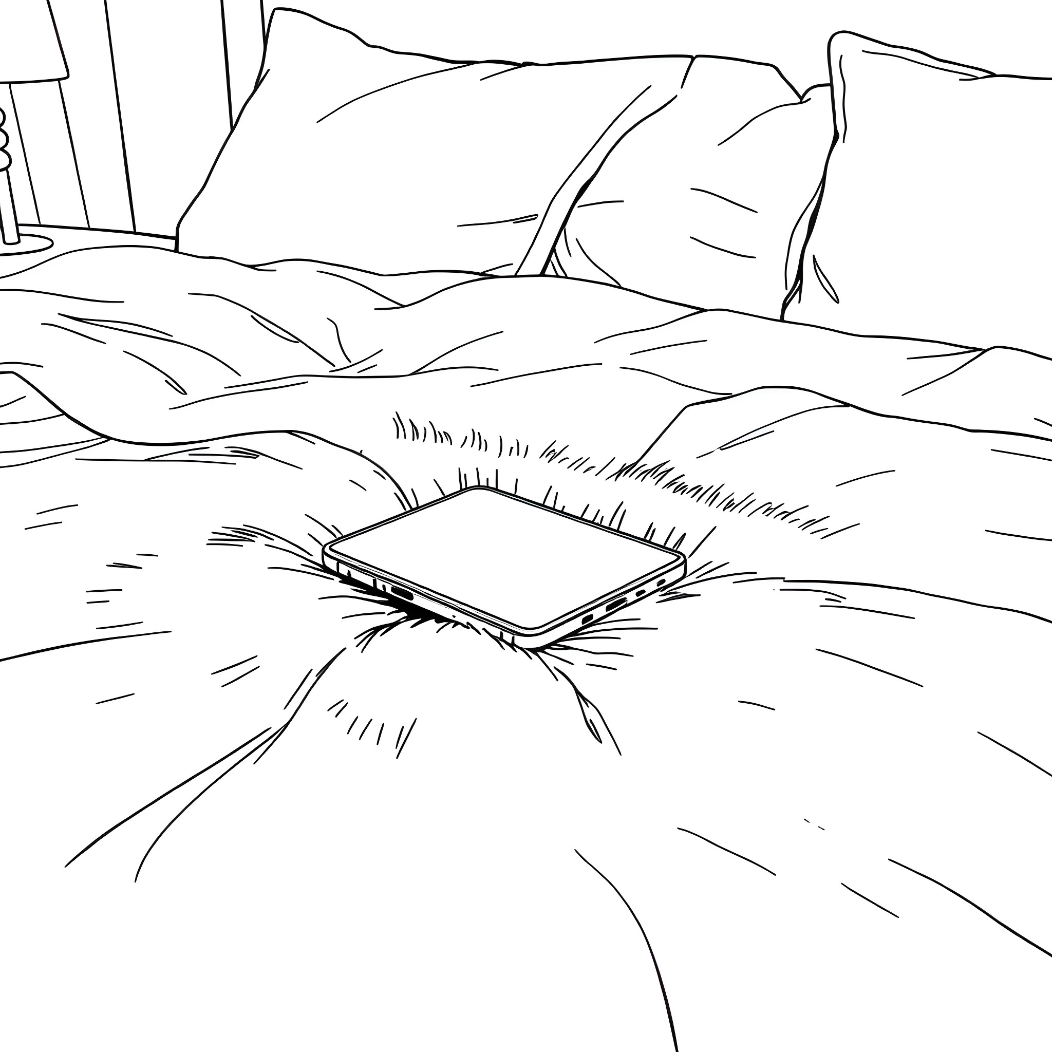 Phone Dropped on Rumpled Bedsheets Coloring Page (free black-and-white line drawing printable PDF for all, from beginners to advanced learners, including children, teens, adults, and seniors)