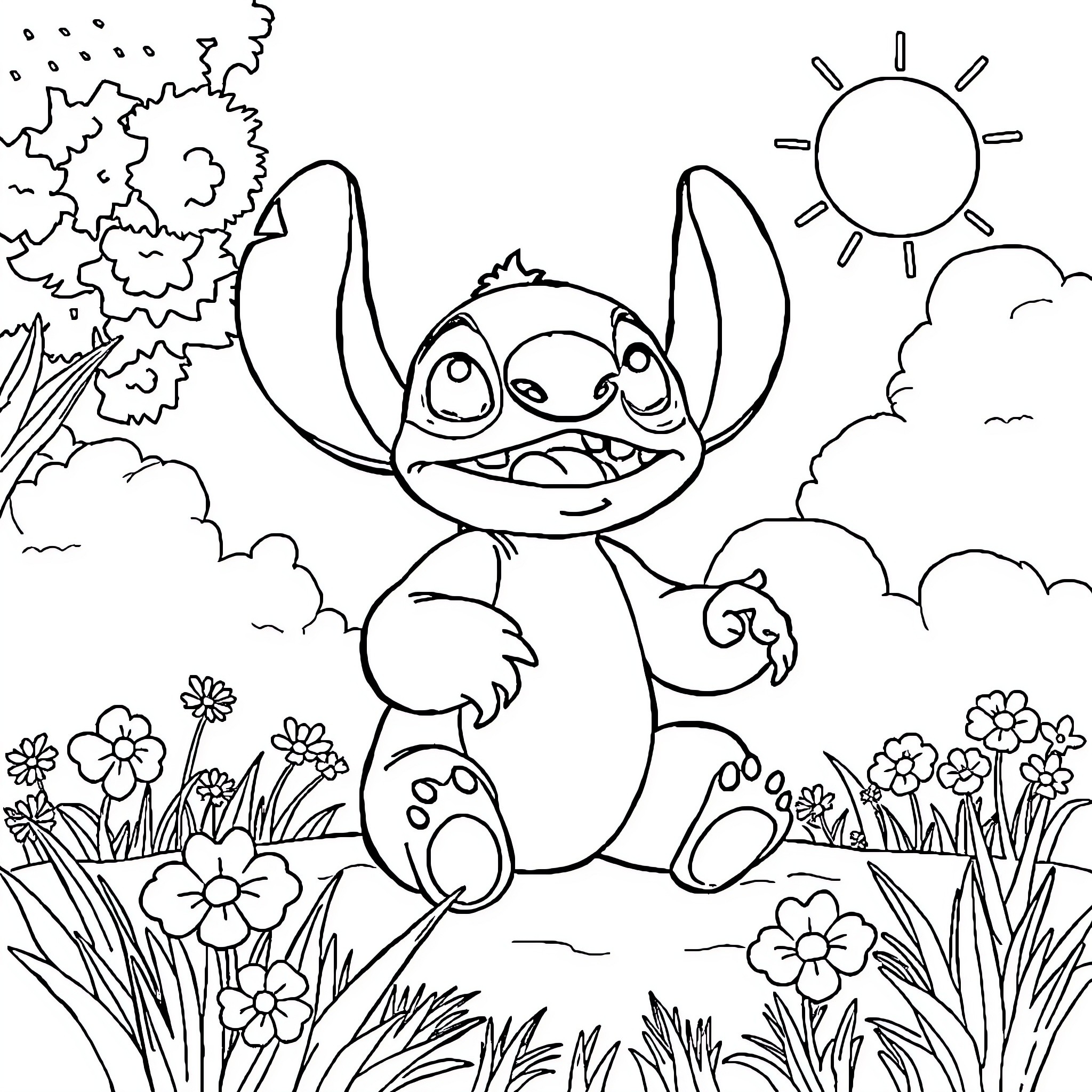 Stitch enjoying nature in a cheerful garden Coloring Page (free black-and-white line drawing printable PDF for all, from beginners to advanced learners, including children, teens, adults, and seniors)
