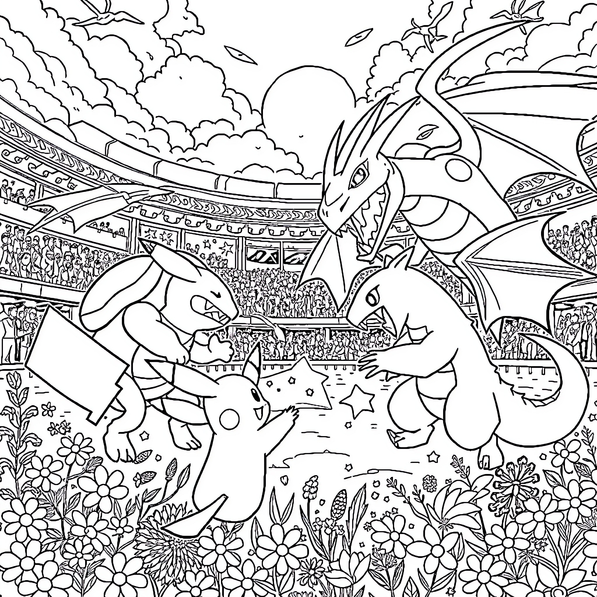 Pokémon characters in an exciting battle arena Coloring Page (free black-and-white line drawing printable PDF for all, from beginners to advanced learners, including children, teens, adults, and seniors)
